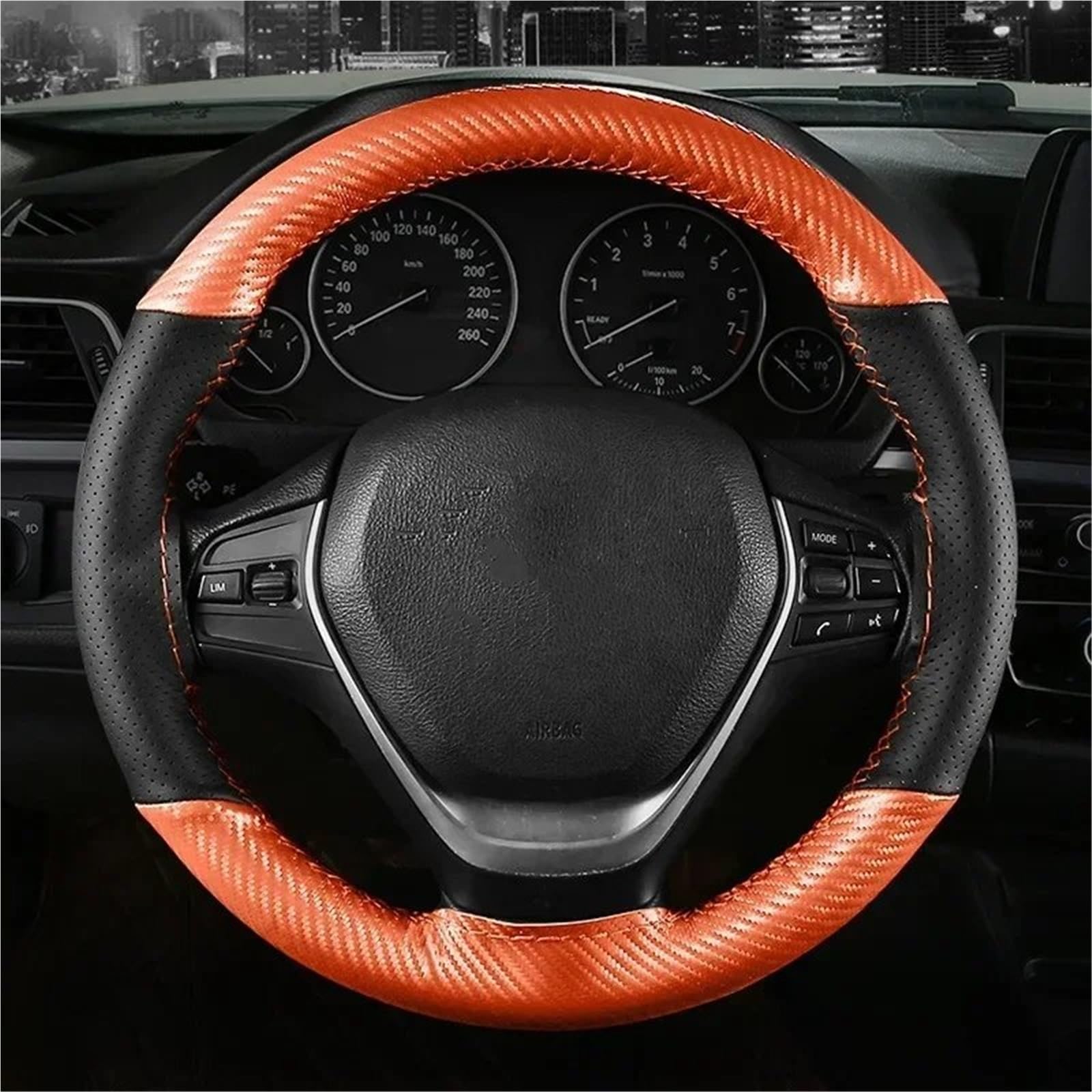 Auto-Lenkradabdeckung Ledergeflecht-Lenkradbezug Karbonfaser Auto-Lenkradbezug Universal 38 cm Sport-Lenkradbezug Lenkradschutzhülle(Orange) von MALTAY