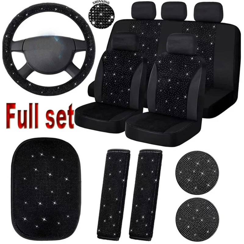 Auto-Lenkradabdeckung Universal Rosa Rot Weiß Strass Auto Lenkrad Abdeckungen Für Frauen Bling Kristall Diamant Auto Innen Deco Zubehör Lenkradschutzhülle(1Set Black Diamond) von MALTAY