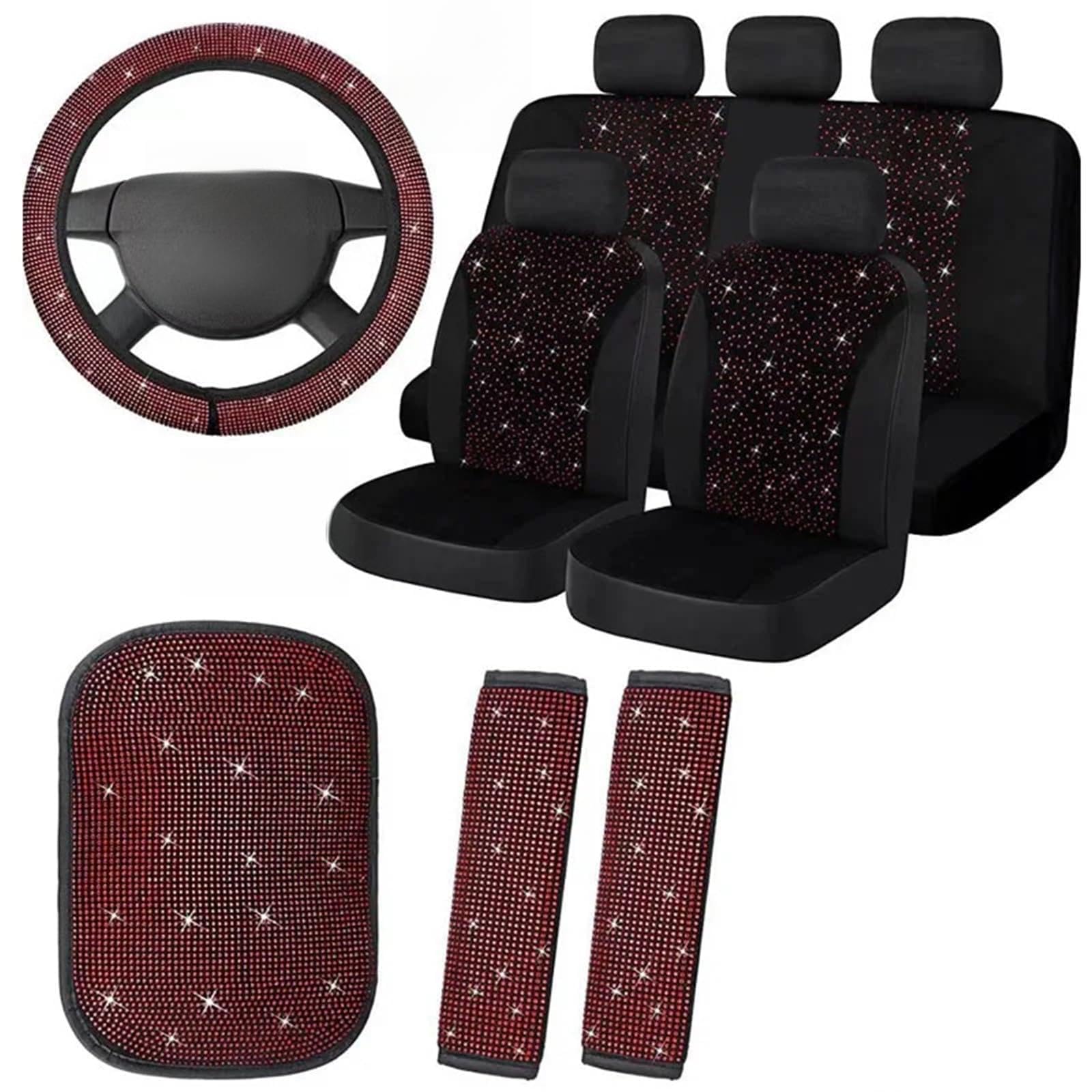 Auto-Lenkradabdeckung Universal Rosa Rot Weiß Strass Auto Lenkrad Abdeckungen Für Frauen Bling Kristall Diamant Auto Innen Deco Zubehör Lenkradschutzhülle(1Set Red Diamond) von MALTAY