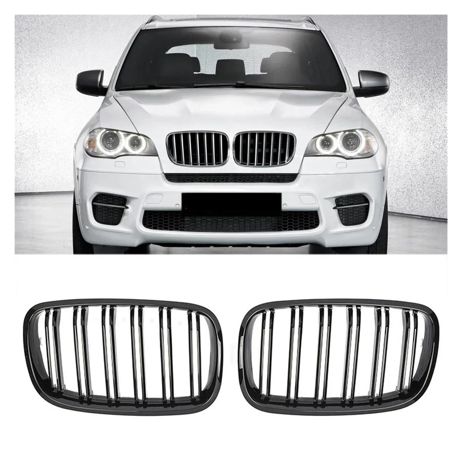 Kühlergrille Autozubehör Frontniere Doppellamellengrill Grille Schwarz Glänzend Carbon Style Für X5 E70 2007-2013 X6 E71 E72 2008-2014 Kühlergrill(Glossy Black) von MALTAY