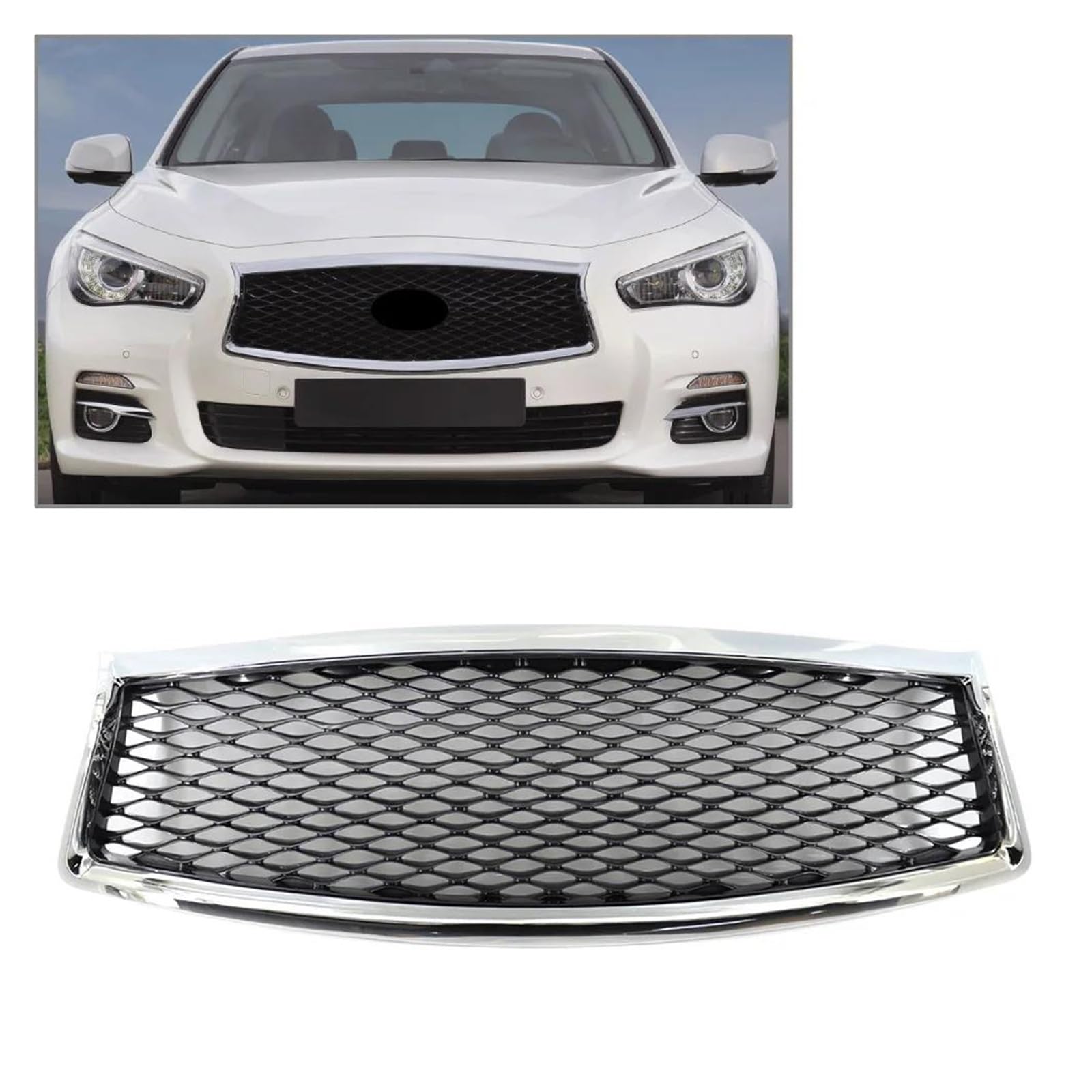 Kühlergrille Autozubehör Für Infiniti Q50 Q50S 2014 2015 2016 2017 Honeycomb Frontstoßstange Center Upper Mesh Grille Grill Kühlergrill(Chrome Black) von MALTAY