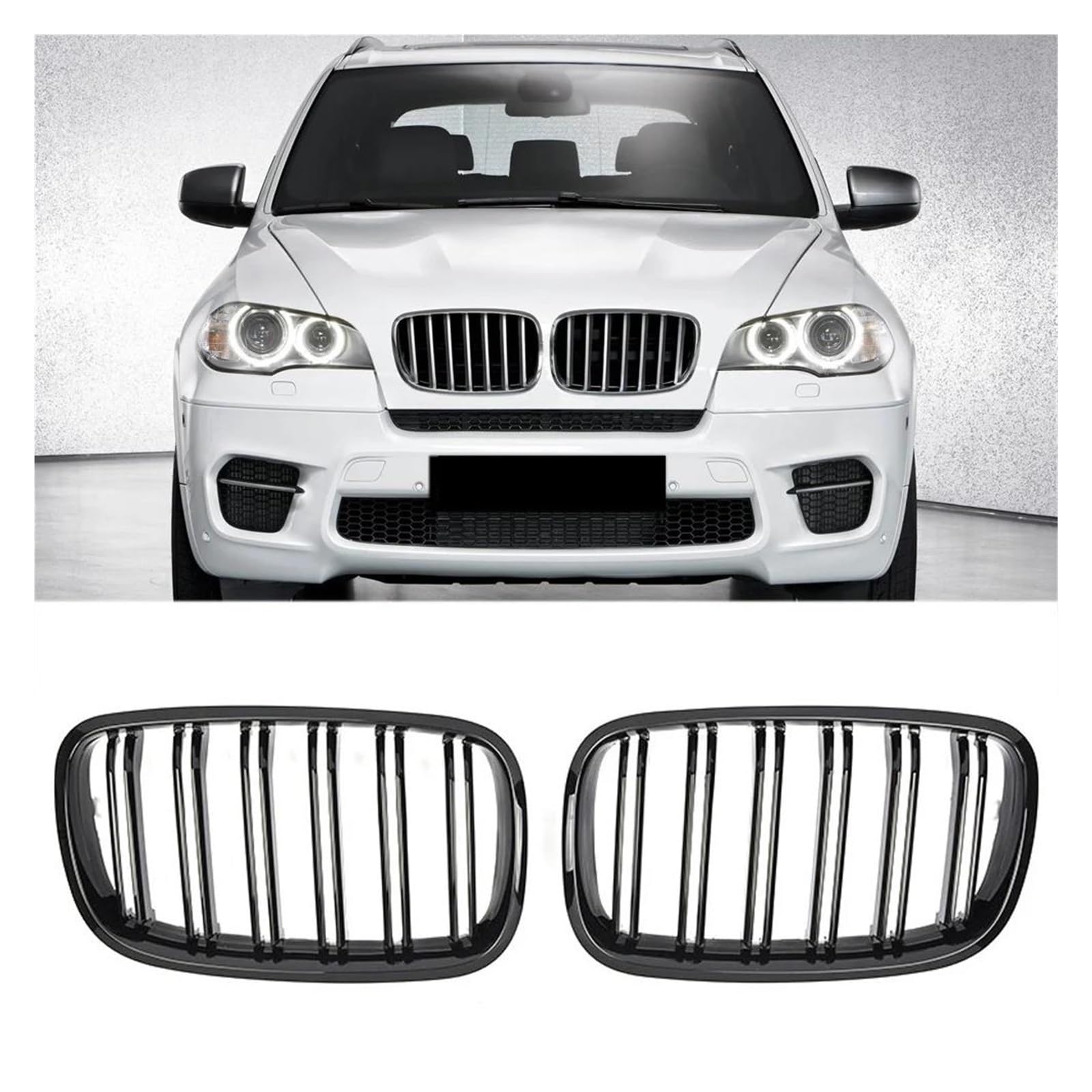 Kühlergrille Für X5 E70 2007-2013 X6 E71 E72 2008-2014 Autozubehör Frontniere Doppellamellengrill Glänzend Schwarz Kühlergrill(Glossy Black) von MALTAY