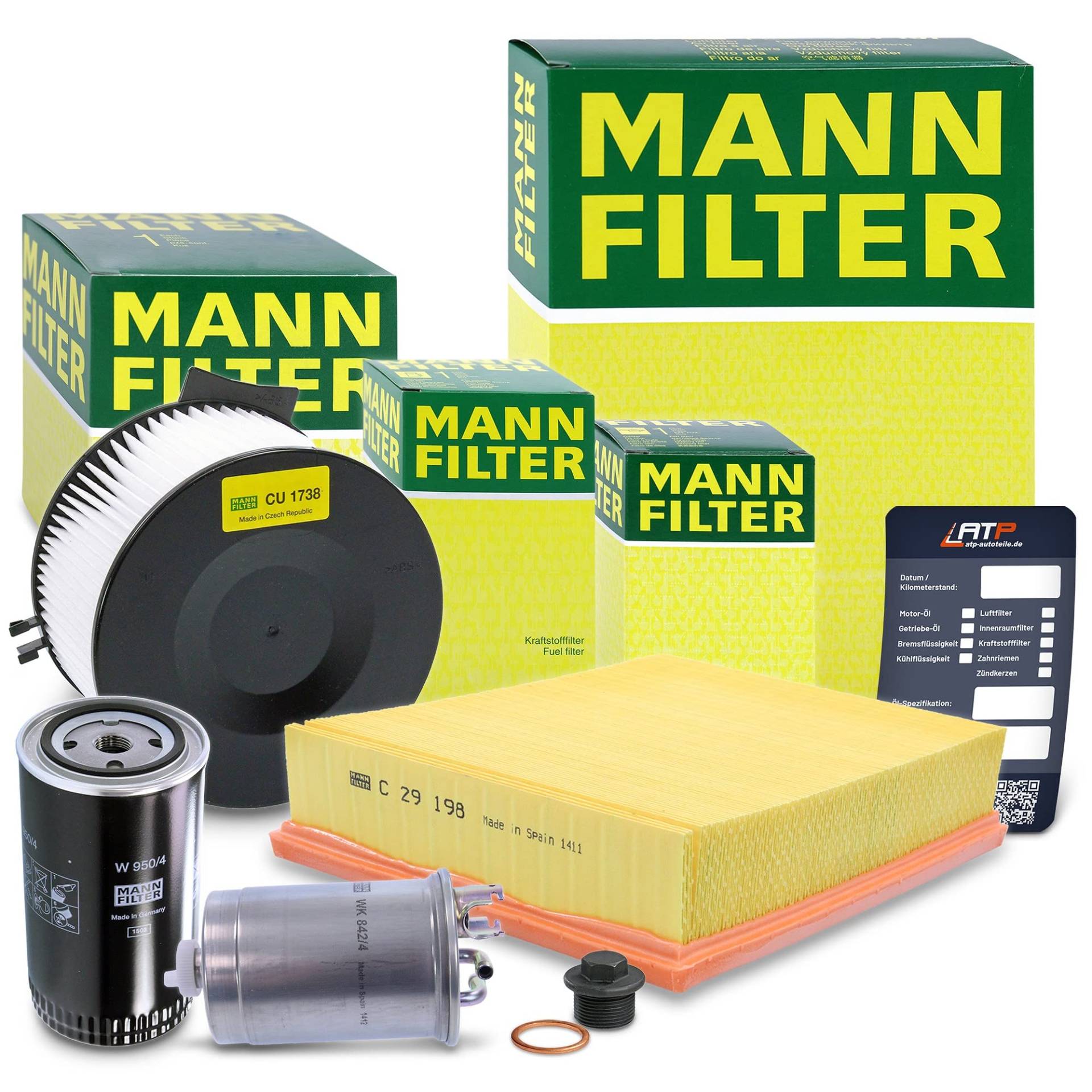 MANN-FILTER Inspektionspaket Filterset 1x Ölfilter, 1x Kraftstofffilter, 1x Luftfilter, 1x Innenraumfilter, 1x Ölablassschraube, 1x Ölwechselanhänger Kompatibel mit VW TRANSPORTER T4 von MANN-FILTER