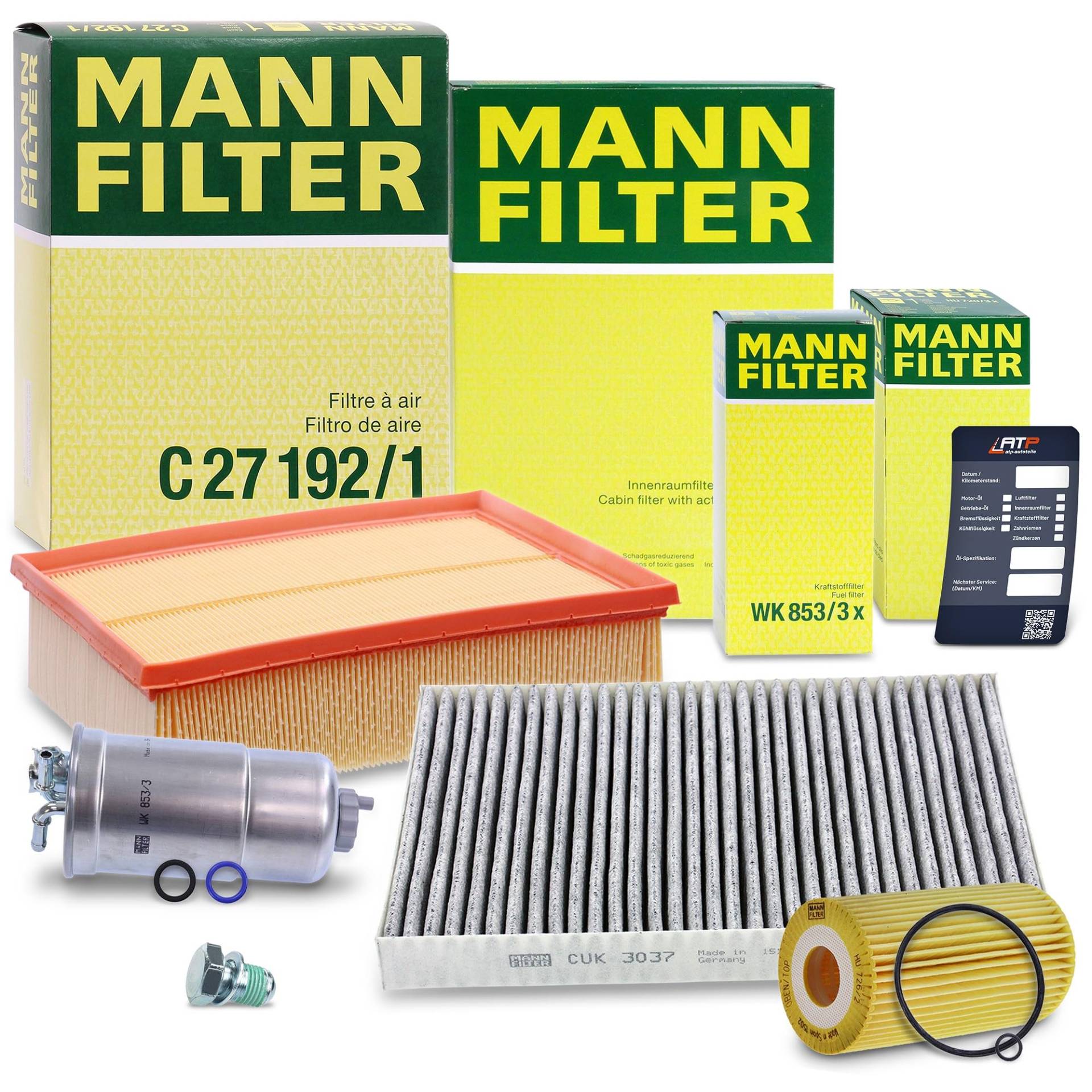 MANN-FILTER Inspektionspaket Filterset 1x Ölfilter, 1x Luftfilter, 1x Innenraumfilter, 1x Kraftstofffilter, 1x Ölablassschraube Kompatibel mit AUDI A4 B6 (8E2)(8E5)(8H7) A4 B7 (8EC)(8ED)(8HE) von MANN-FILTER