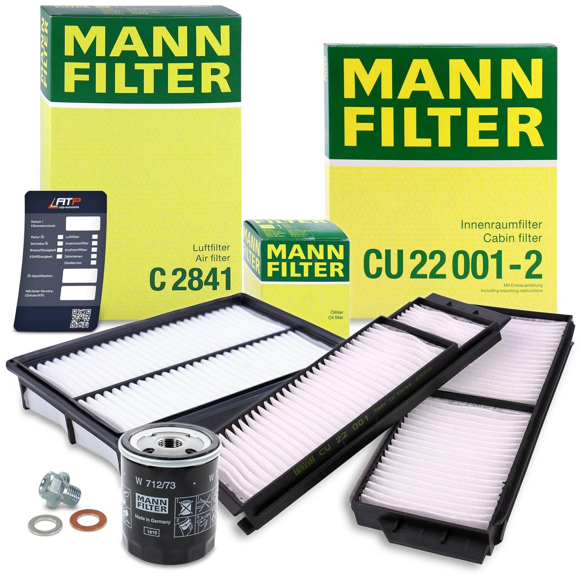 MANN-FILTER Inspektionspaket Filterset 1x Ölfilter, 1x Luftfilter, 1x Innenraumfilter (Aktivkohlefilter), 1x Ölablassschraube mit Dichtring, 1x Ölwechselanhänger Kompatibel mit MAZDA 3 (BK), 5 (CR19) von MANN-FILTER