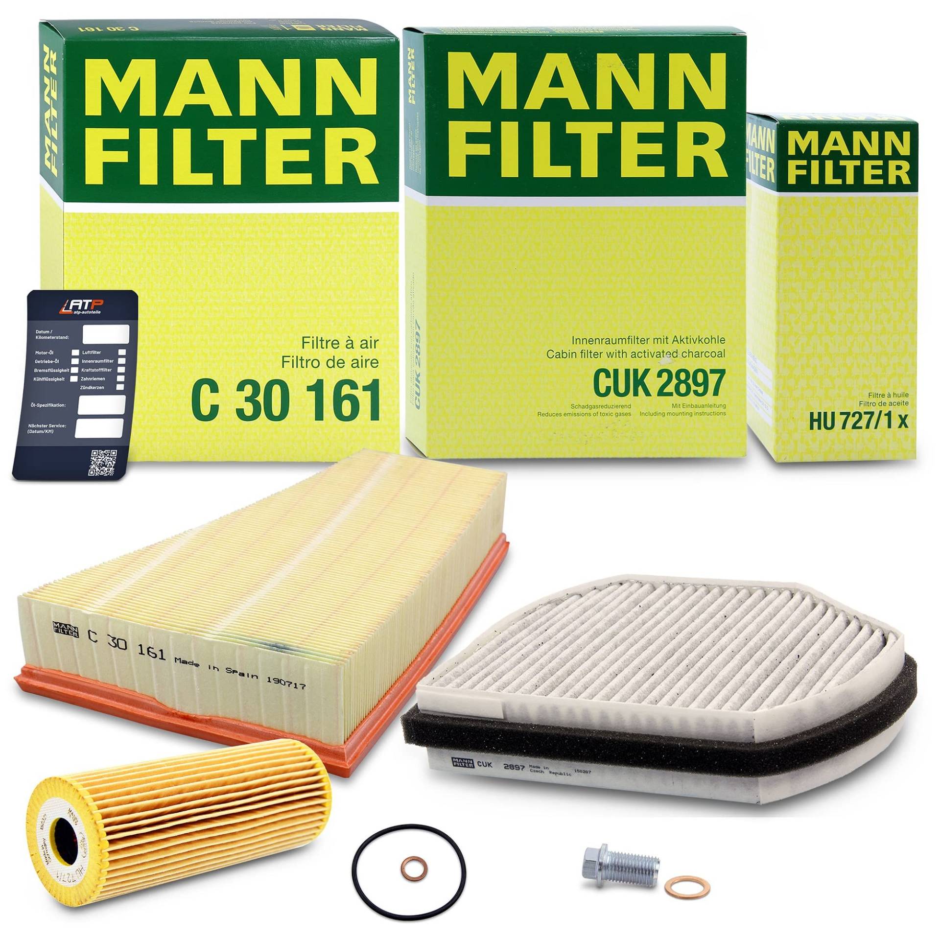 MANN-FILTER Inspektionspaket Filterset 1x Ölfilter, 1x Luftfilter, 1x Innenraumfilter (Aktivkohlefilter), 1x Ölwechselanhänger Kompatibel mit MERCEDES-BENZ SLK (R170) von MANN-FILTER