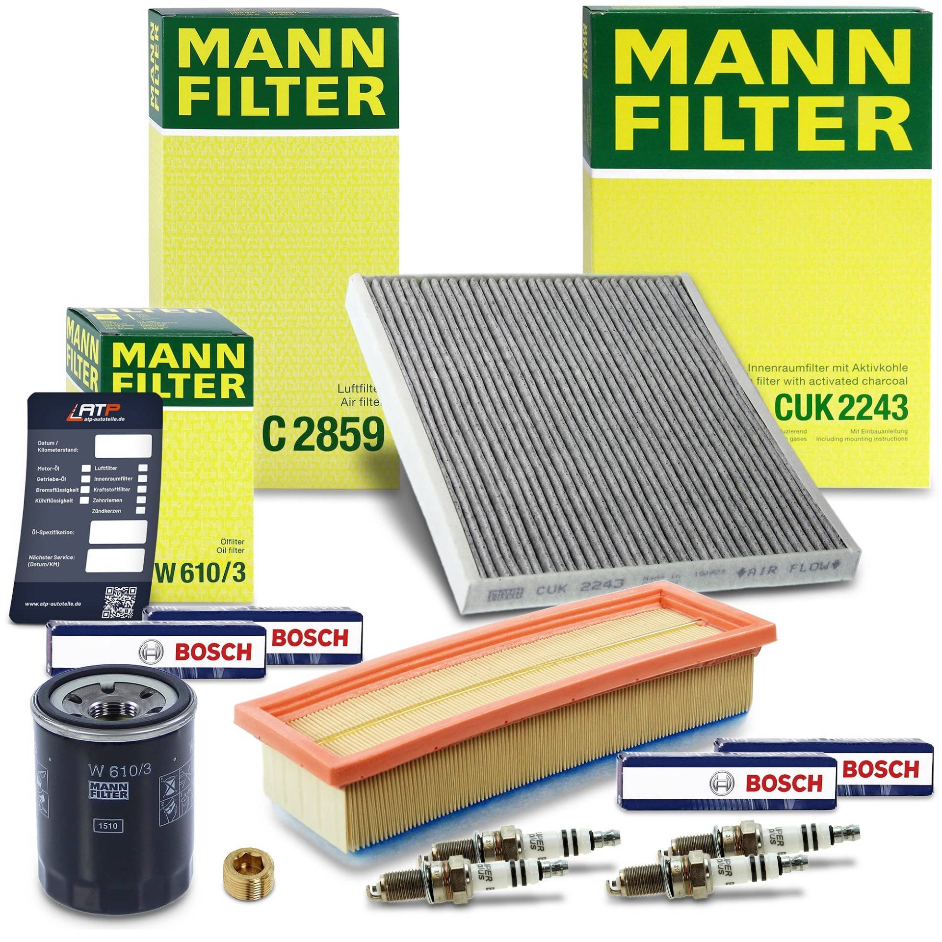 MANN-FILTER Inspektionspaket Filterset 1x Ölfilter, 1x Luftfilter, 1x Innenraumfilter (Aktivkohlefilter), 4x Zündkerze, 1x Ölwechselanhänger Kompatibel mit FIAT GRANDE PUNTO (199_), QUBO (225_) von MANN-FILTER