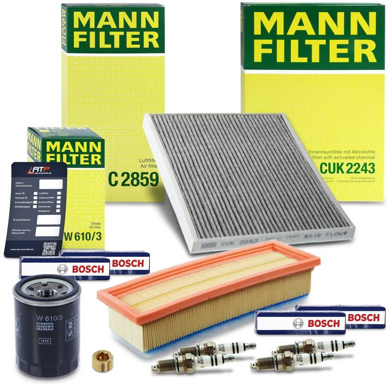 1x MANN-FILTER Ölfilter, 1x MANN-FILTER Luftfilter, 1x MANN-FILTER Innenraumfilter (Aktivkohlefilter), 4x Zündkerze, 1x Ölwechselanhänger Kompatibel mit FIAT GRANDE PUNTO (199_), QUBO (225_) von MANN-FILTER