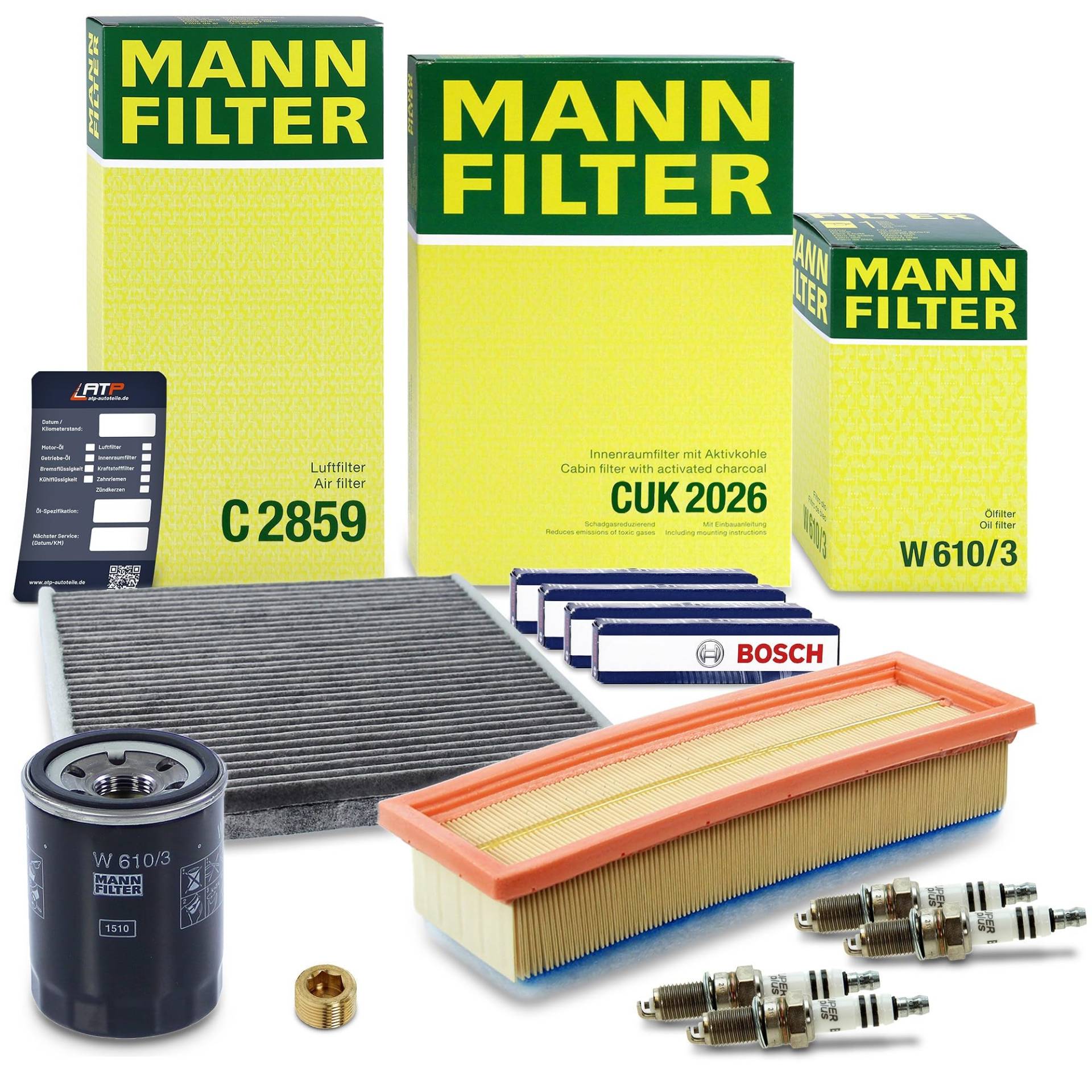 MANN-FILTER Inspektionspaket Filterset 1x Ölfilter, 1x Luftfilter, 1x Innenraumfilter (Aktivkohlefilter), 4x Zündkerze Kompatibel mit FIAT 500 (312_) PANDA (169_), FORD KA (RU8), LANCIA YPSILON (312_) von MANN-FILTER