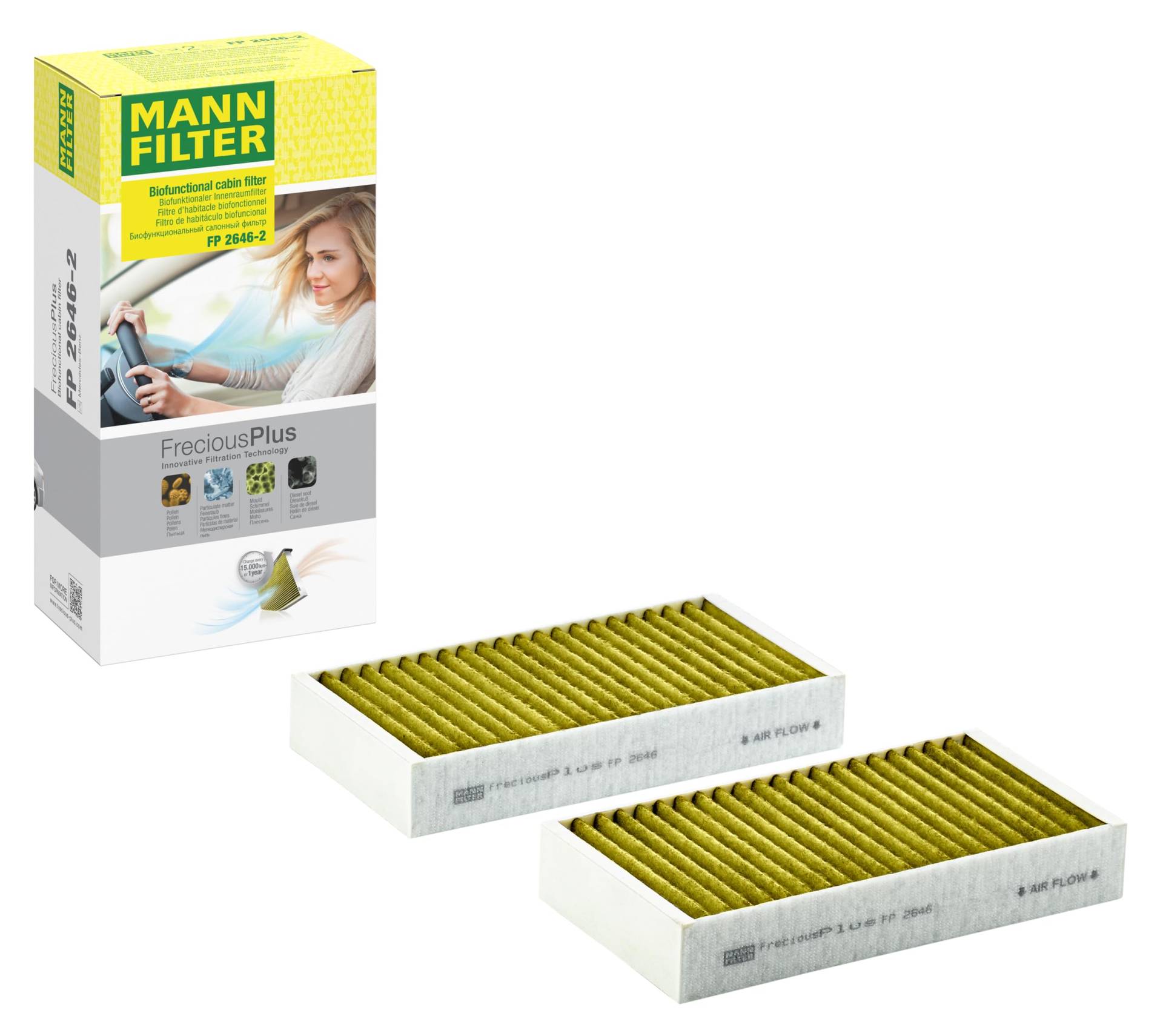 MANN-FILTER FP 2646-2 Innenraumfilter – FreciousPlus Biofunktionaler Pollenfilter (2er Set) – Für PKW von MANN-FILTER