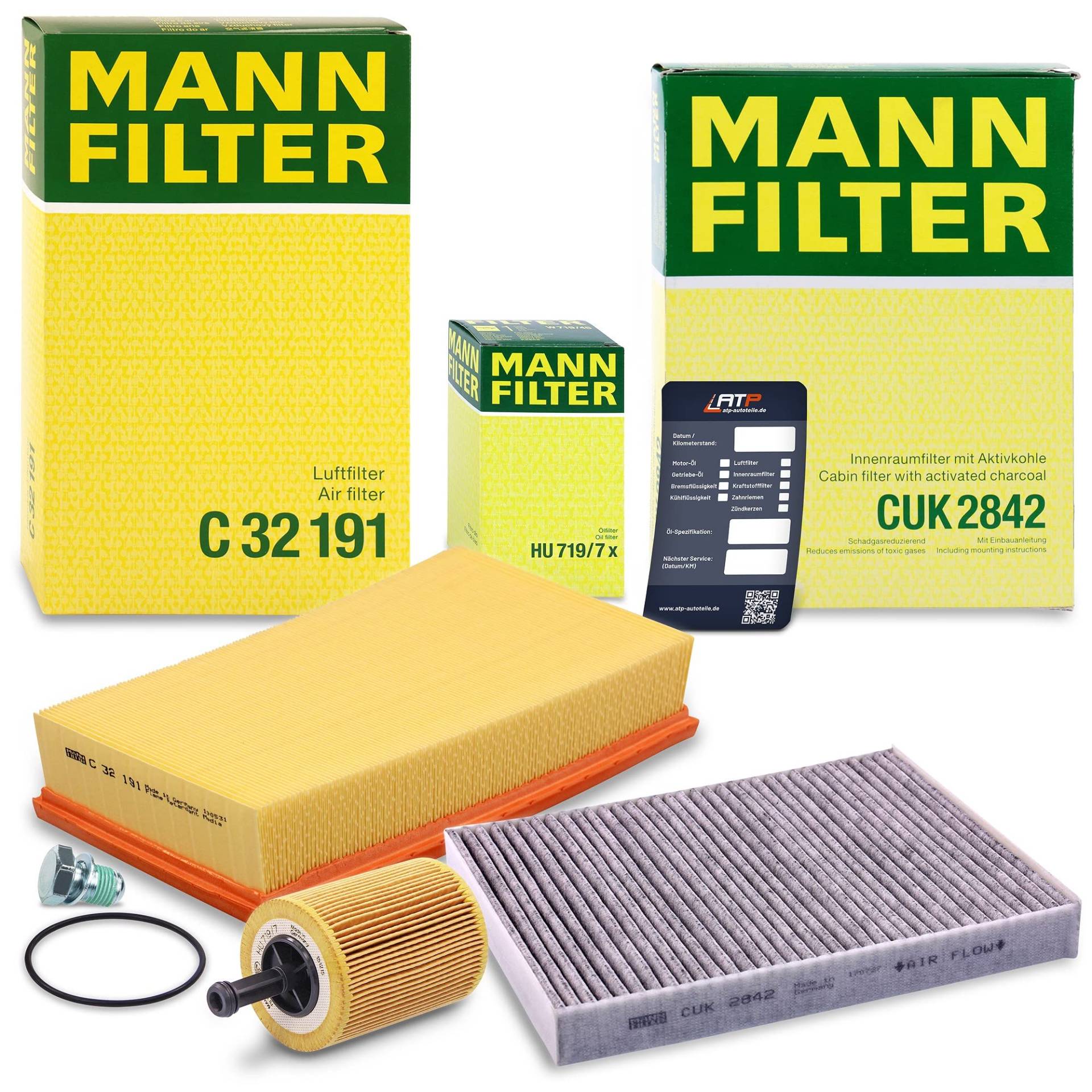 MANN-FILTER Inspektionspaket Filterset 1x Ölfilter, 1x Luftfilter, 1x Innenraumfilter (Aktivkohlefilter), 1x Ölablassschraube, 1x Ölwechselanhänger Kompatibel mit VW MULTIVAN T5, TRANSPORTER T5 von MANN-FILTER