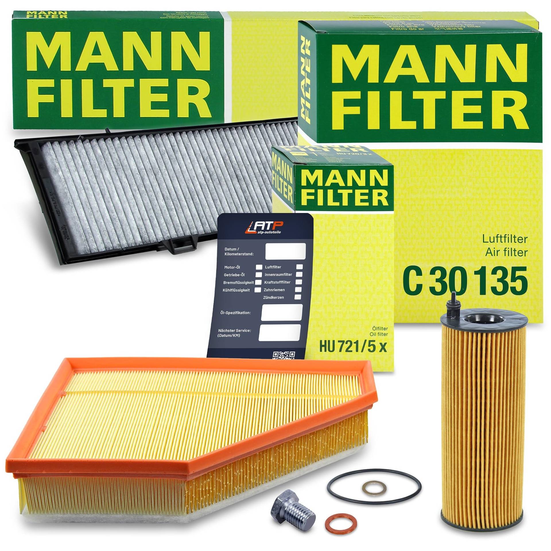 MANN-FILTER Inspektionspaket Filterset 1x Ölfilter, 1x Luftfilter, 1x Innenraumfilter (Aktivkohle), 1x Ölablassschraube Kompatibel mit BMW 1er (E81)(E87)(E88)(E82), 3er (E90)(E93)(E92)(E91), X1 (E84) von MANN-FILTER