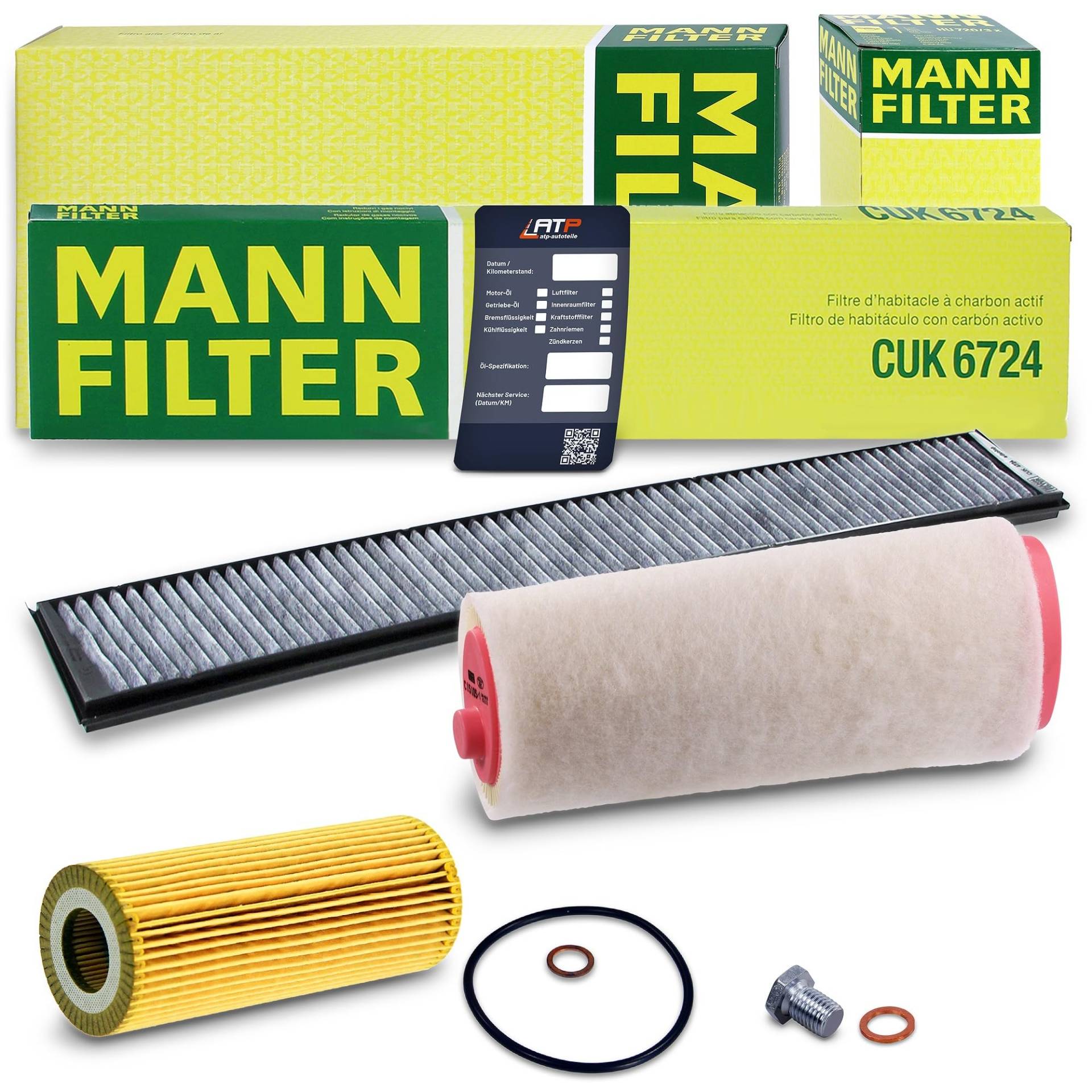 MANN-FILTER Inspektionspaket Filterset 1x Ölfilter, 1x Luftfilter, 1x Innenraumfilter (Aktivkohlefilter), 1x Ölablassschraube mit Dichtring, 1x Ölwechselanhänger Kompatibel mit BMW 3er (E46), X3 (E83) von MANN-FILTER