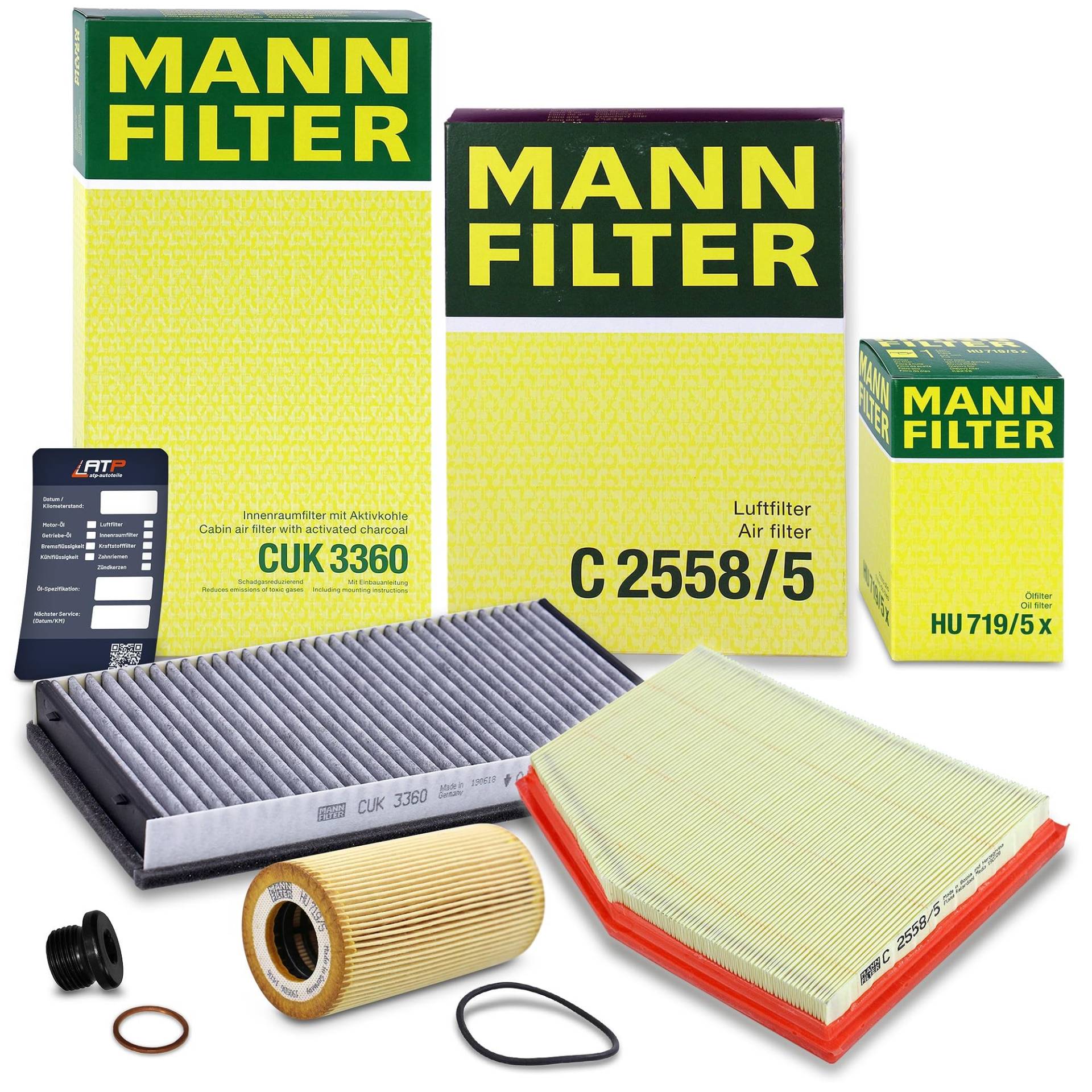 MANN-FILTER Inspektionspaket Filterset 1x Ölfilter, 1x Luftfilter, 1x Innenraumfilter (Aktivkohlefilter), 1x Ölablassschraube mit Dichtring, 1x Ölwechselanhänger Kompatibel mit PORSCHE BOXSTER (986) von MANN-FILTER