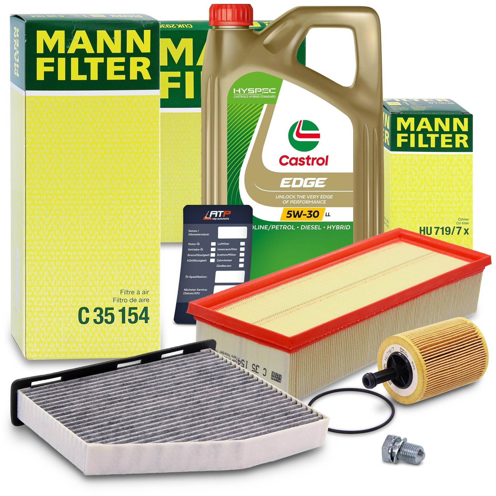 MANN-FILTER Inspektionspaket Filterset 1x Ölfilter, 1x Luftfilter, 1x Innenraumfilter (Aktivkohlefilter), 1x Motoröl 5W-30 LL EDGE FLUID TITANIUM 5 l, 1x Ölablassschraube mit Dichtung, von MANN-FILTER