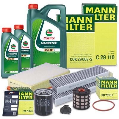 Mann-filter Inspektionspaket Set B + 7l 0W-30 C2 Motoröl für Citroën, Opel, Peugeot, Toyota von MANN-FILTER