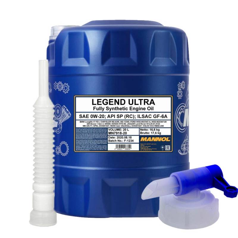 20 Liter, MANNOL LEGEND ULTRA 0W-20 229.71 MOTORÖL + HAHN + SCHLAUCH von FANFARO