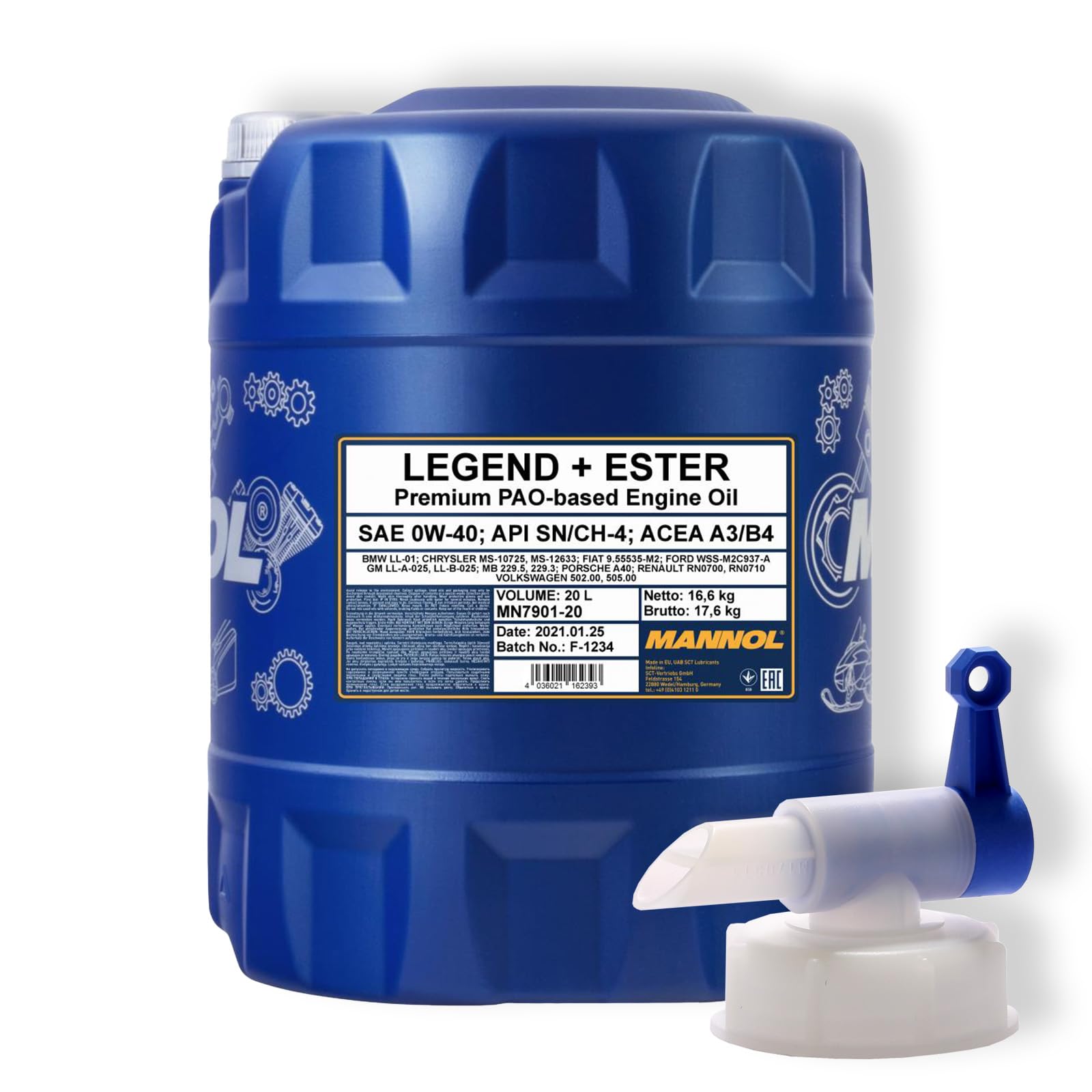 20L Mannol Legend+Ester Motoröl 0W-40 + Auslaufhahn von MANNOL