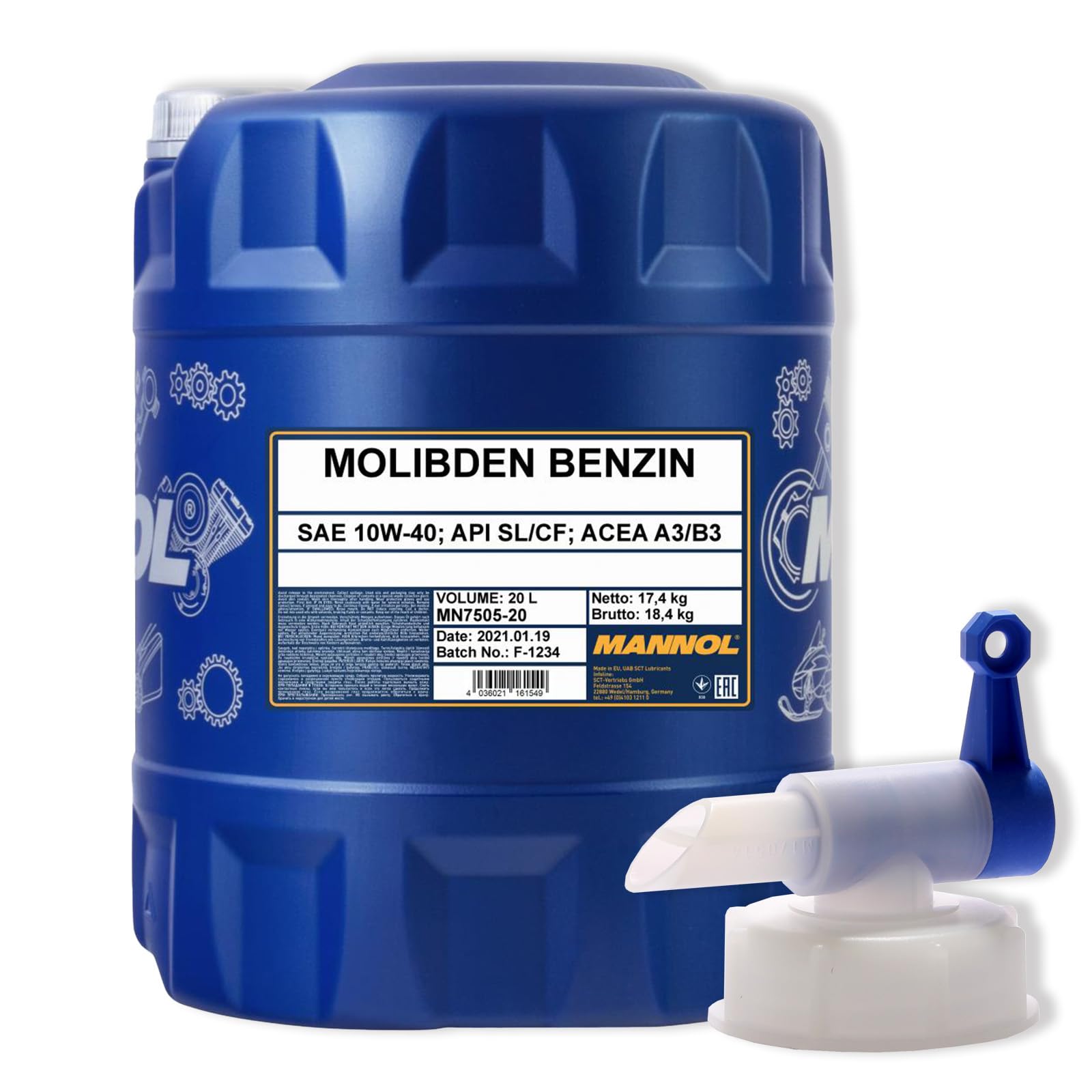 20L Mannol Molibden Benzin Motoröl 10W-40 20L + Auslaufhahn von MANNOL