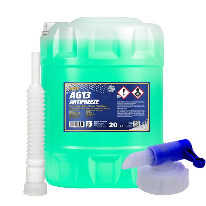 MANNOL 20 Liter, AG13-40 KÜHLERFROSTSCHUTZ FERTIGMISCHUNG GRÜN + HAHN + Schlauch von MANNOL