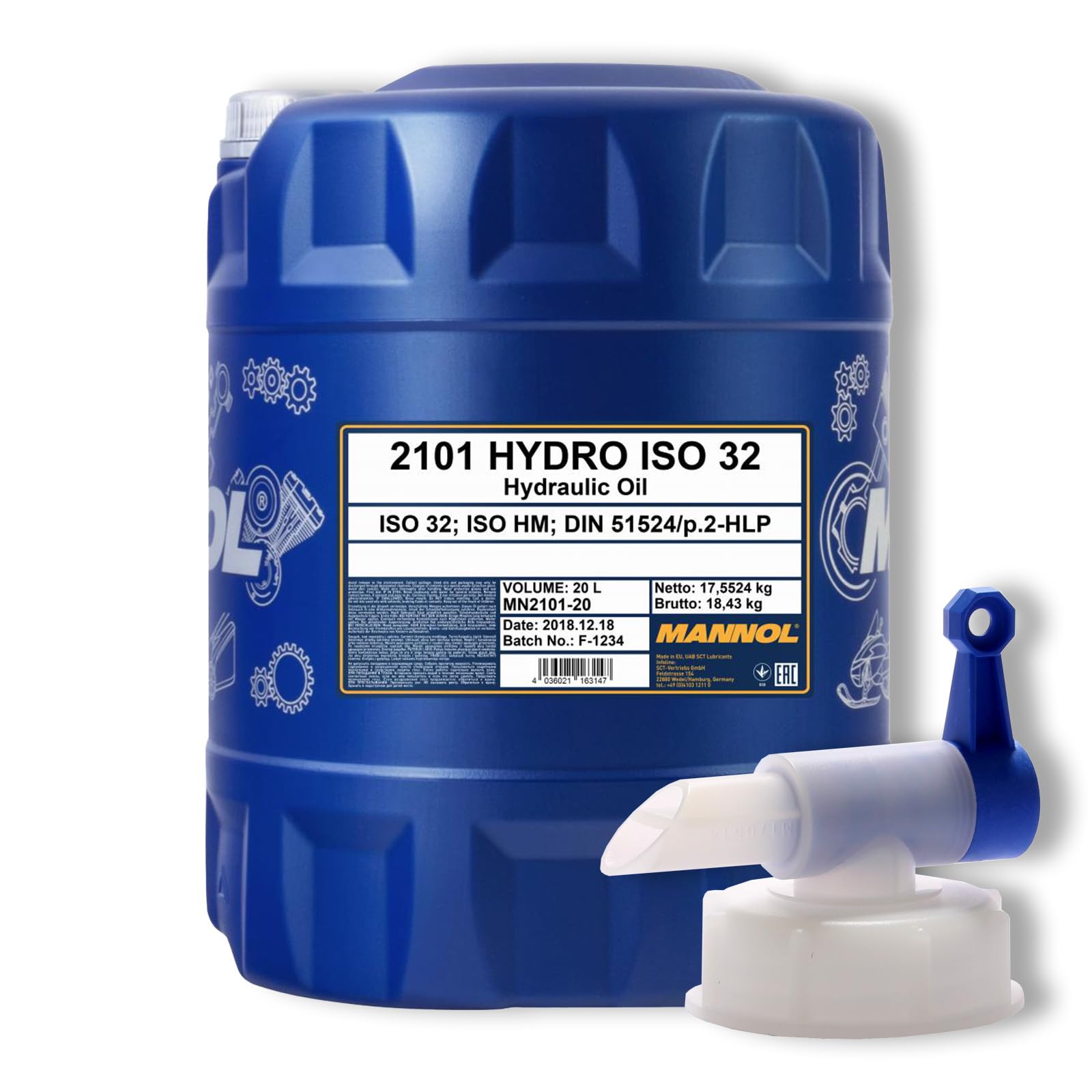 MANNOL 20L Hydro ISO32 Hydrauliköl Öl HLP 32 DIN 51524/2 VDMA 2431 + Auslaufhahn von MANNOL