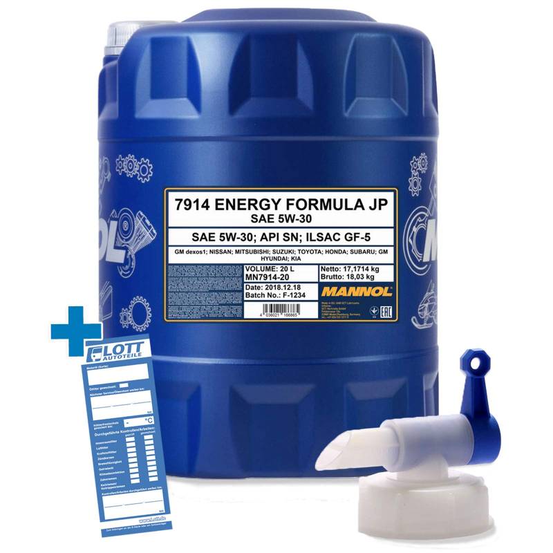 MANNOL 20L Motoröl Energy Formula JP 5W-30 Öl 5W30 + Auslaufhahn von MANNOL