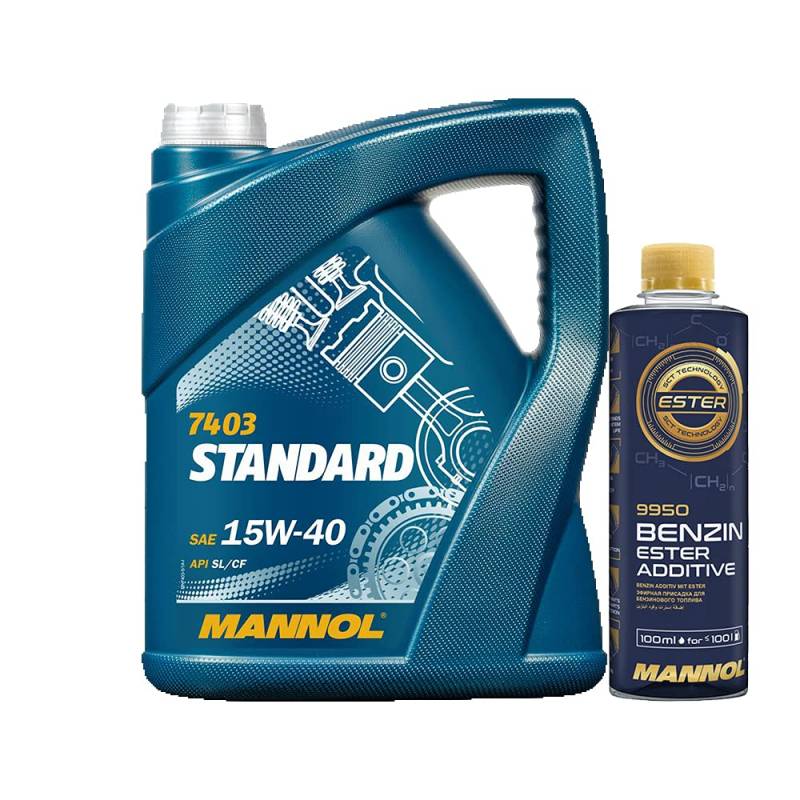 MANNOL 5l, 7403 Standard 15W-40 API SL/CF + Benzin Ester Additive Motorsystemreiniger Zusatz 100ml von MANNOL