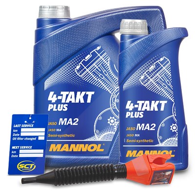 Mannol 5 L 4-Takt Plus Motoröl + Ölwechsel-Anhänger + Einfülltrichter [Hersteller-Nr. MN7202-4] von MANNOL