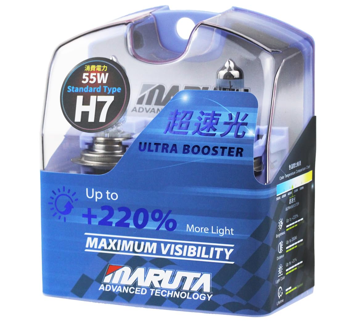 MARUTA H7 55W ULTRA BOOSTER - Maximale Sichtbarkeit 220% | Xenon Lampen 3800K Halogenlampen | ECE Prüfzeichen - Designed in Japan! von MARUTA