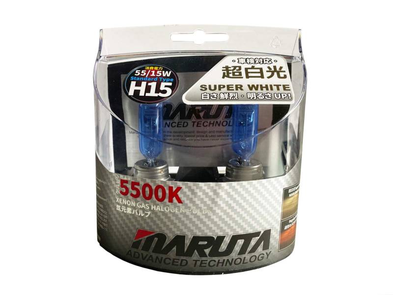 MARUTA SUPER WHITE H15 12V 55/15W Halogenlampe für Fernlicht & Tagfahrlicht, 5500K Xenon-Effekt, langlebige Xenon-Gas Birne mit hochwertigem Quarzglas & Straßenzulassung (ECE Prüfzeichen) von MARUTA