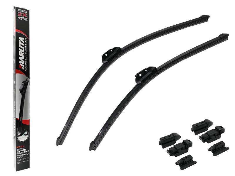 MARUTA Scheibenwischer SET 650 mm / 525 mm für Frontscheibe, Aero-dynamik optimierte Wischerblätter aus wasserabweisendem Silikon mit Multi Plattform Adapter - Perleffekt für streifenfreie Sicht von MARUTA