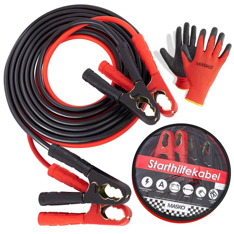 MASKO® Starthilfekabel Überbrückungskabel für Benzin- und Dieselmotoren, 6/12/24 Volt. Auto Motorrad Starterkabel aus Kupfer inkl. Handschuhe und Tragetasche 2 x 4m / 30mm² 1500amp von MASKO