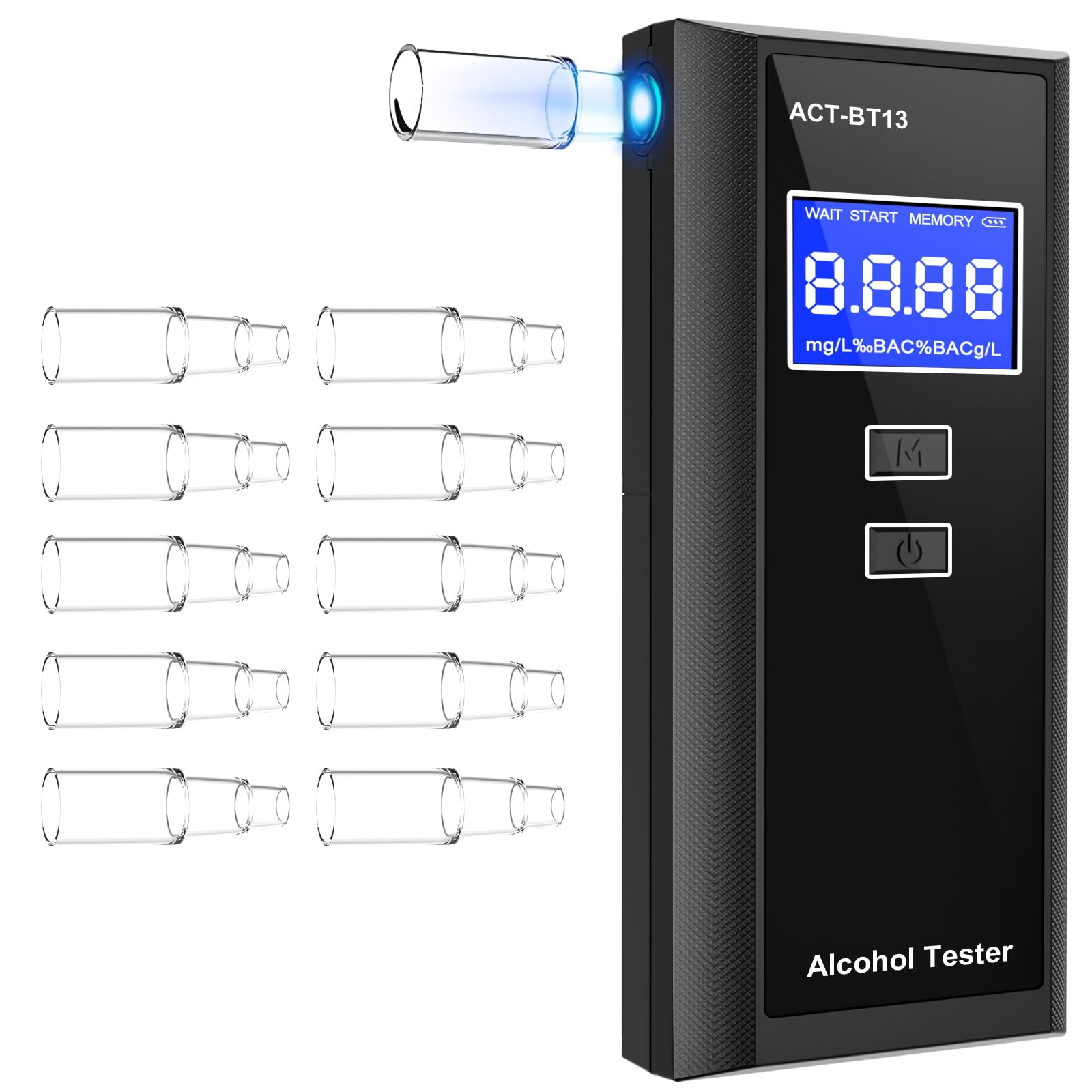 MASLIKE Tragbarer Alkoholtester, zertifiziert, Alkoholtester mit blauem Digital-LCD-Display und 10 Mundstücken, professioneller Alkoholtester für den Einsatz zu Hause oder auf Partys von MASLIKE