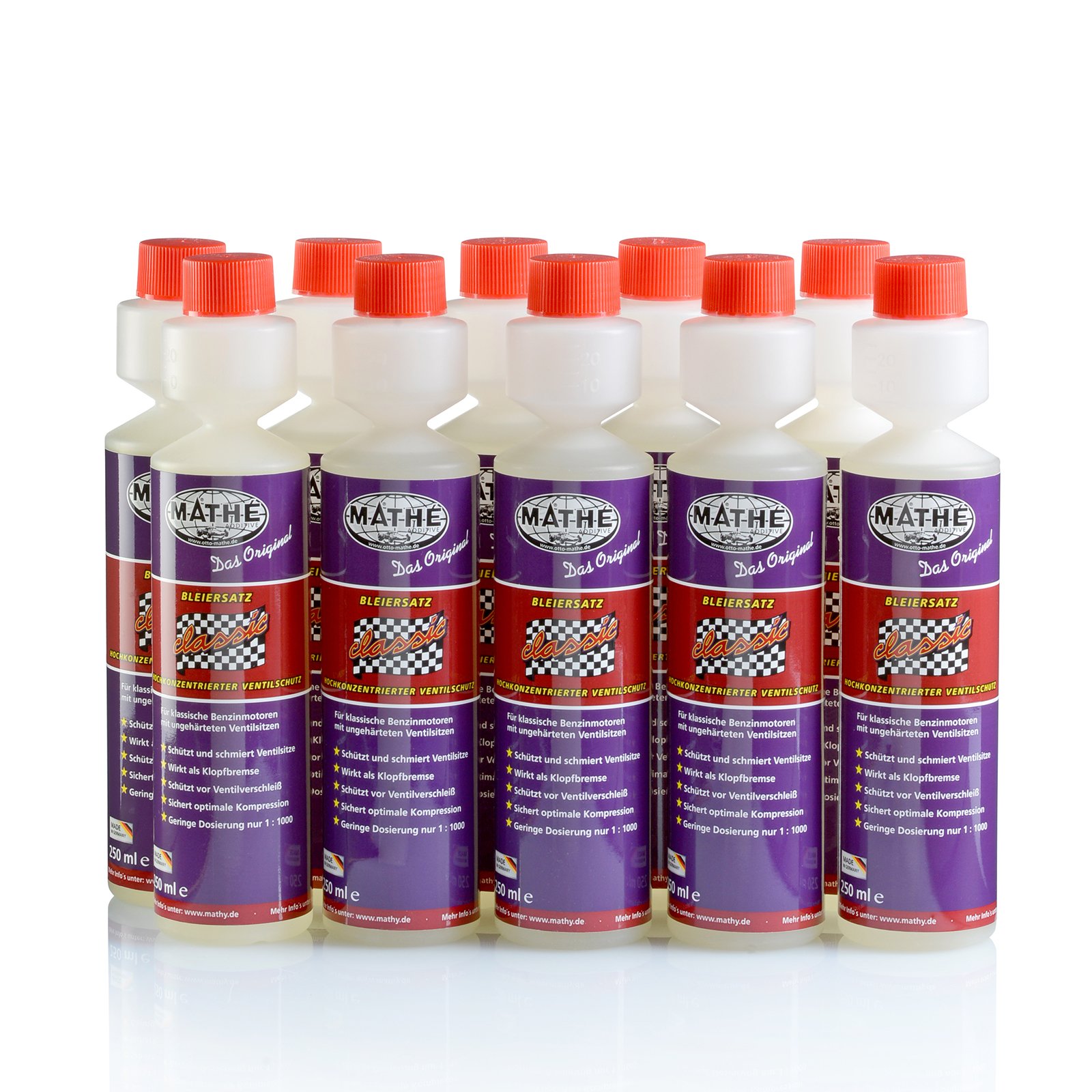 MATHÉ Classic Bleiersatz (10 x 250 ml) - Kraftstoff-Additiv für Oldtimer - Benzinadditiv - Schutz vor Ventilverschleiß - Blei-Ersatz - Benzin-Zusatz für Ottomotoren, Old- und Youngtimer - Schmierstoff von MATHY