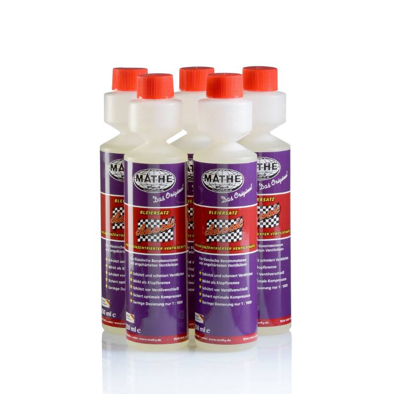 MATHÉ Classic Bleiersatz (5 x 250 ml) - Kraftstoff-Additiv für Oldtimer - Benzinadditiv - Schutz vor Ventilverschleiß - Blei-Ersatz - Benzin-Zusatz für Ottomotoren, Old- und Youngtimer - Schmierstoff von MATHY