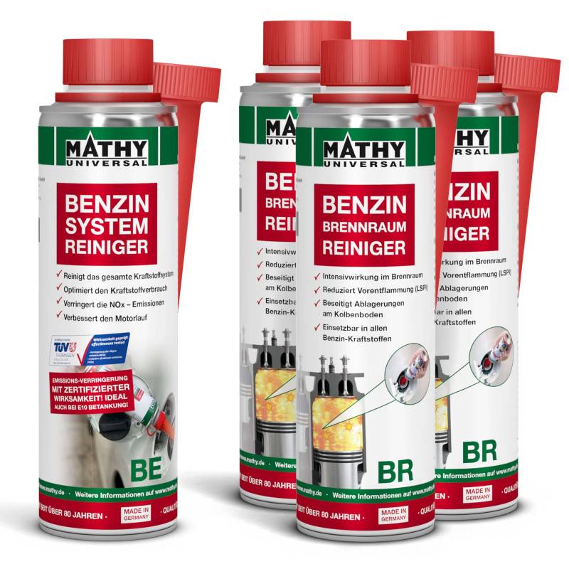 MATHY Benzin-Brennraum-Reiniger-Kur, 4 x 250 ml - Reinigungsset Benzin Systemreiniger + Brennraumreiniger - Benzin Additiv - Kolbenring Reiniger - Kraftstoffadditiv Benzin Motoren von MATHY