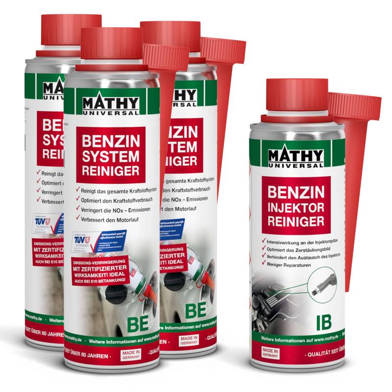 MATHY Benzin-Kur - Benzin Systemreiniger + Injektoren Reiniger Benzin - Intensive Reinigung von Einspritzdüsen & Ventilen - Benzin Additiv, 4 Dosen von MATHY