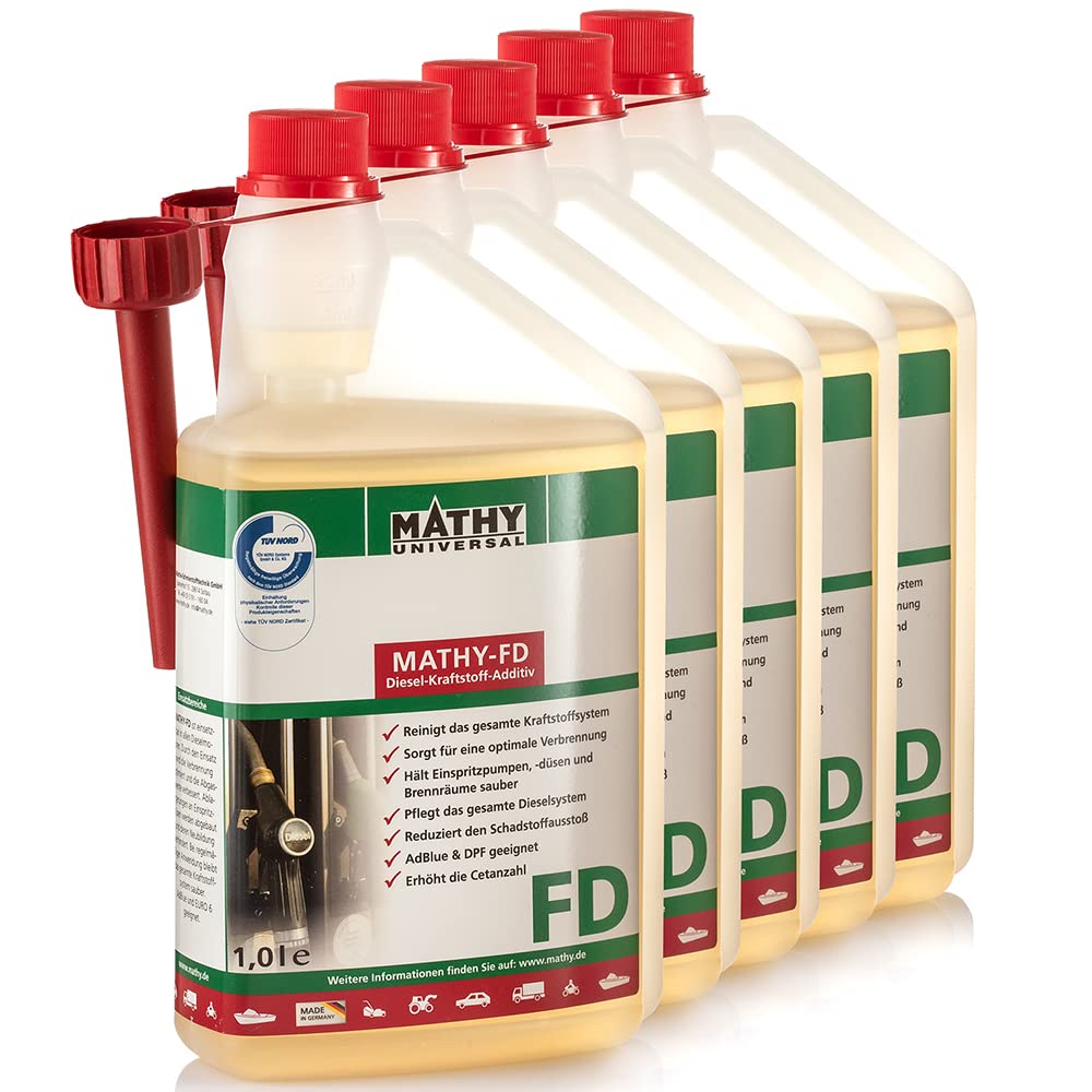 MATHY-FD Diesel-Pflege-Kraftstoffadditiv, 5 x 1,0 l - Diesel-Systemreiniger - Kraftstoff-Stabilisator - 1 Liter für 1000 Liter Diesel von MATHY