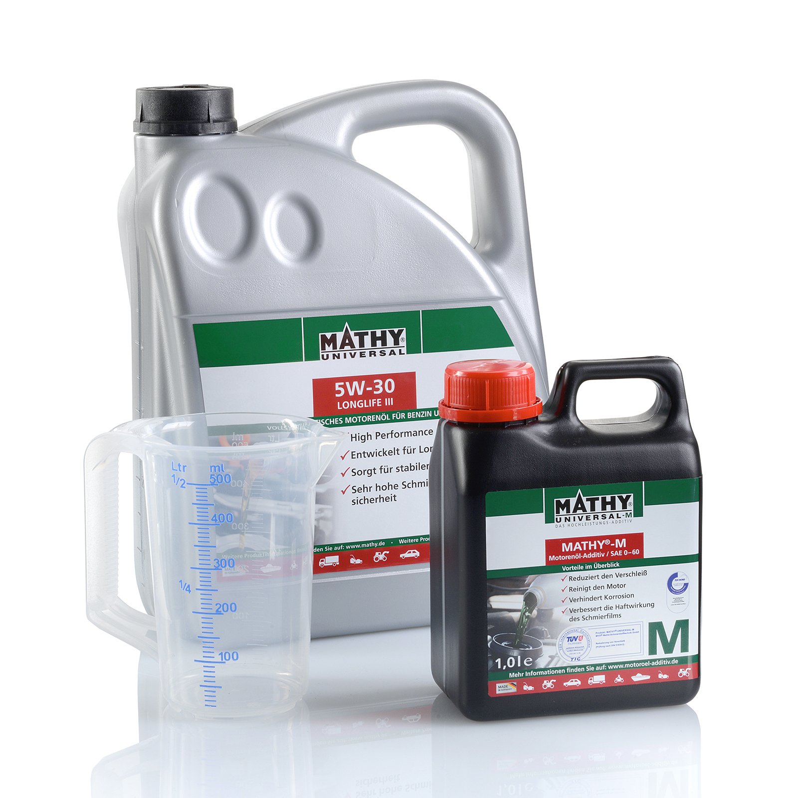 MATHY Motorenöl-Wechsel-Set (SAE 5W-30 Longlife III Motorenöl) + 1 Liter M Motorenöl-Additiv + 500 ml Messbecher von MATHY