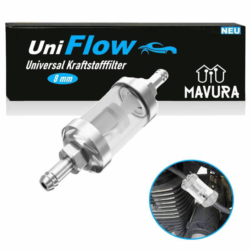 UniFlow Universal Kraftstofffilter Kraftstoff Filter Chrom Glas, Benzin Diesel Universalfilter KFZ Auto Motorrad Aluminium 8mm von MAVURA