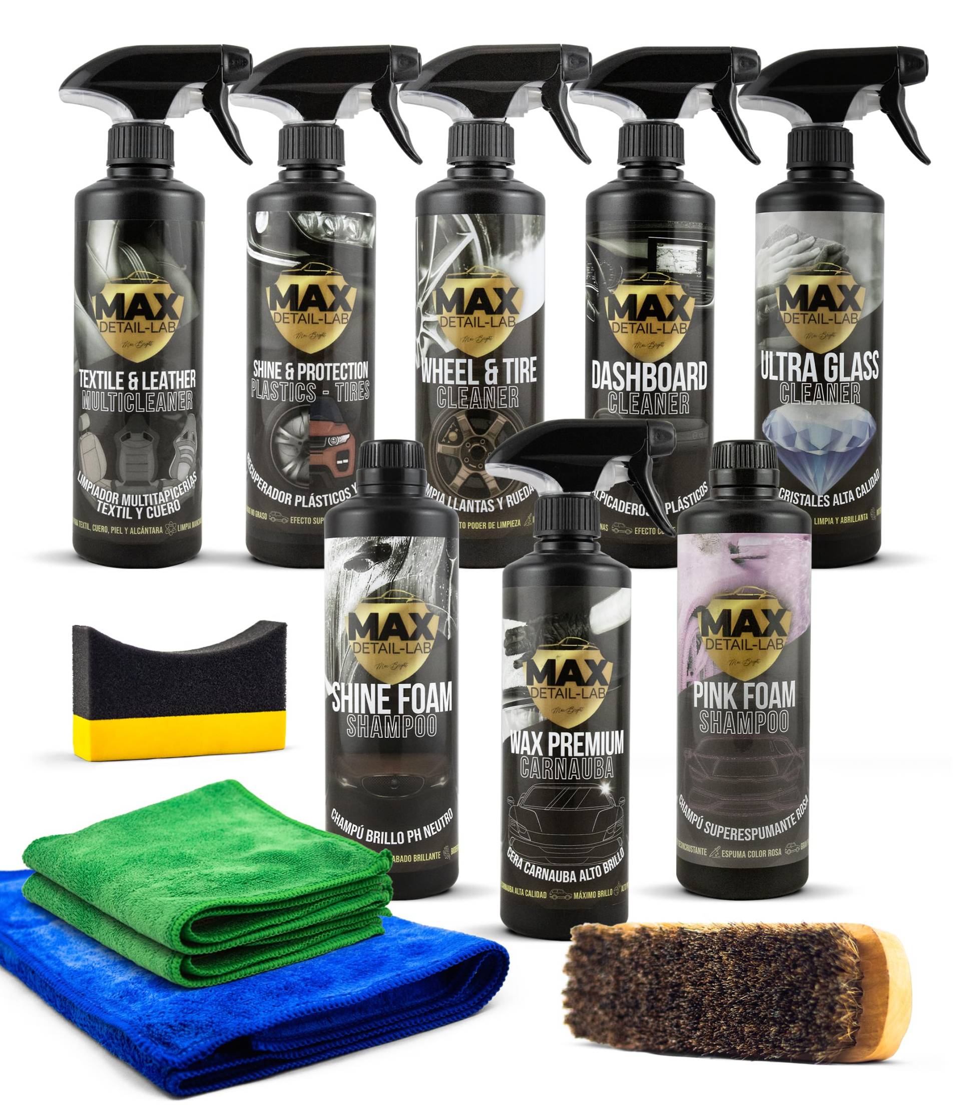 MAX DETAIL-LAB - Detailing Pack - Auto Reinigungsset Waschen Set mit Zubehör, Innenraum Aussen, Felgenreiniger, Autoshampoo, Reifenglanz, Polsterreiniger Ledeplflege Cockpitpflege, Car Cleaning Kit von MAX DETAIL-LAB