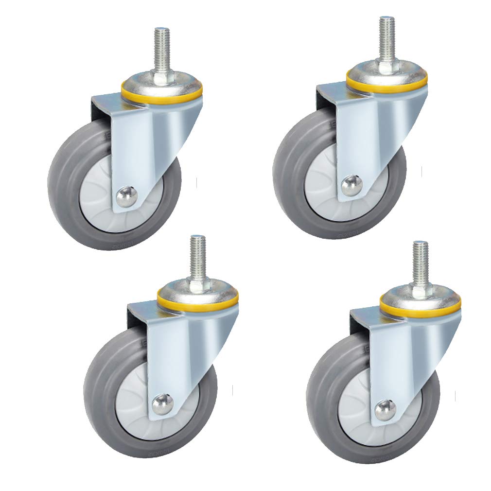 Schwere Lenkrollen, 4 Stück, drehbare Lenkrollen, grauer TPR-Gummi, Trolley-Möbelrollen, Doppelkugellager, mit Sicherheits-Doppelverriegelung, robust, kein Lärm, Gewindestange M12 x 30 mm, Staubschutz von MAYABI