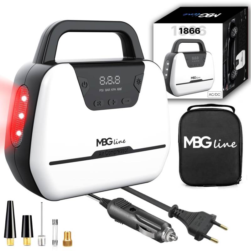 MBG line® Luftkompressor Auto 1866, Kompressor 12V 230V | Autopumpe mit digitaler Anzeige, LED-Licht und Adapter-Set | Luftpumpe für Auto, Motorrad, Fahrrad und mehr von MBG Line