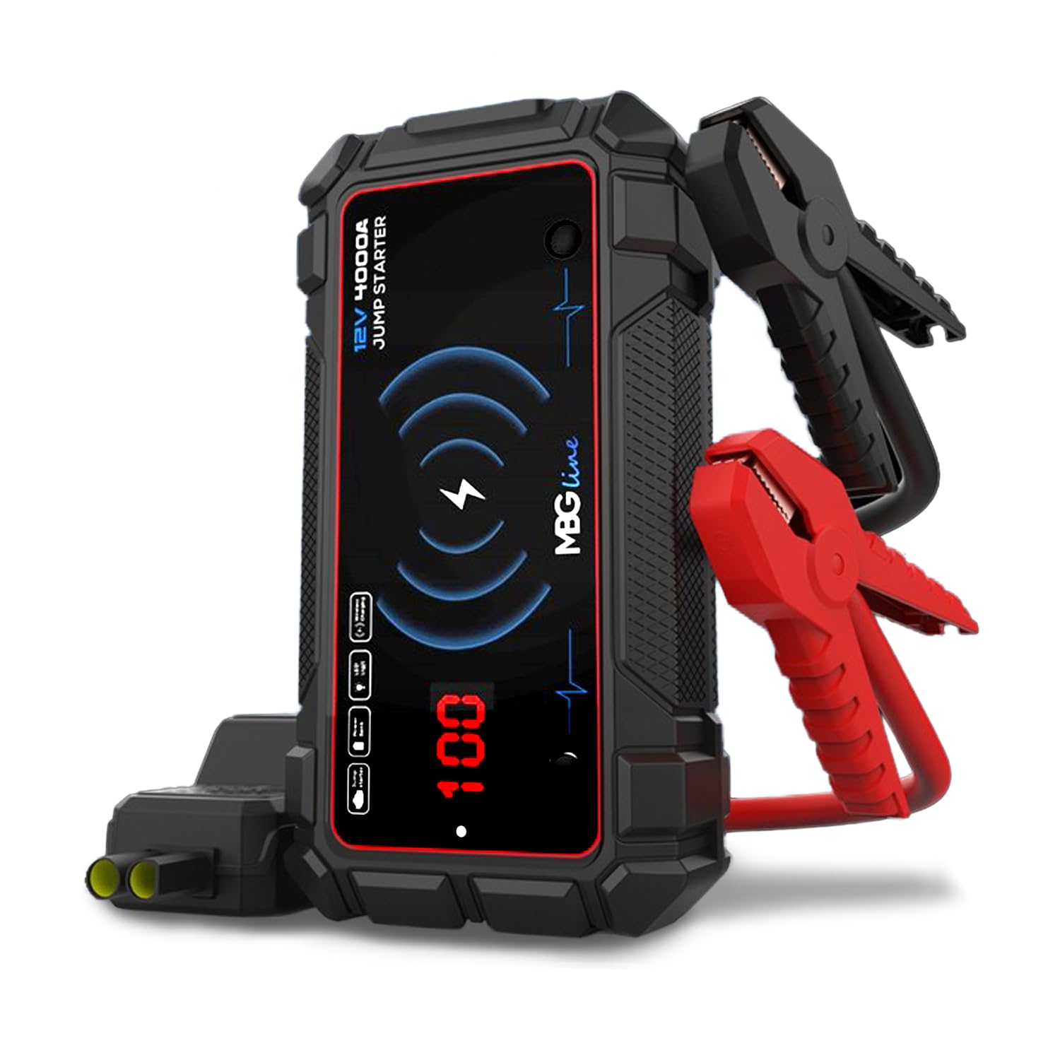 MBG line® Jump Starter 4000A, Auto-Starthilfe 20000mAh für bis zu 8.0L Benzin- oder 7.0L Dieselmotoren | 15W Wireless QI-Ladegerät | LED-Taschenlampe & Powerbank-Funktion von MBG line