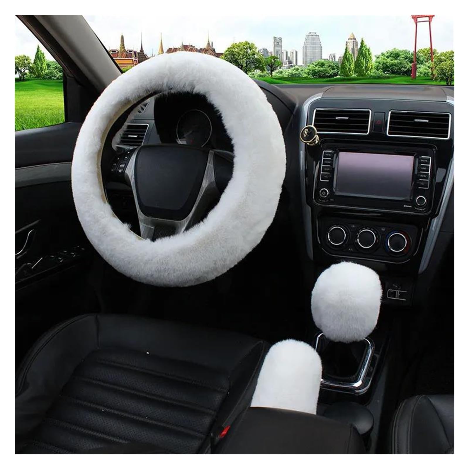 Lenkradabdeckungen Universal 38 cm Auto Lenkrad Abdeckung Künstliche Kaninchen Fell Warme Winter Auto Handbremse Shift Abdeckung DREI-stück Set Heizung Lenkrad Lenkrad Schutzhülle (Size : White) von MBROS