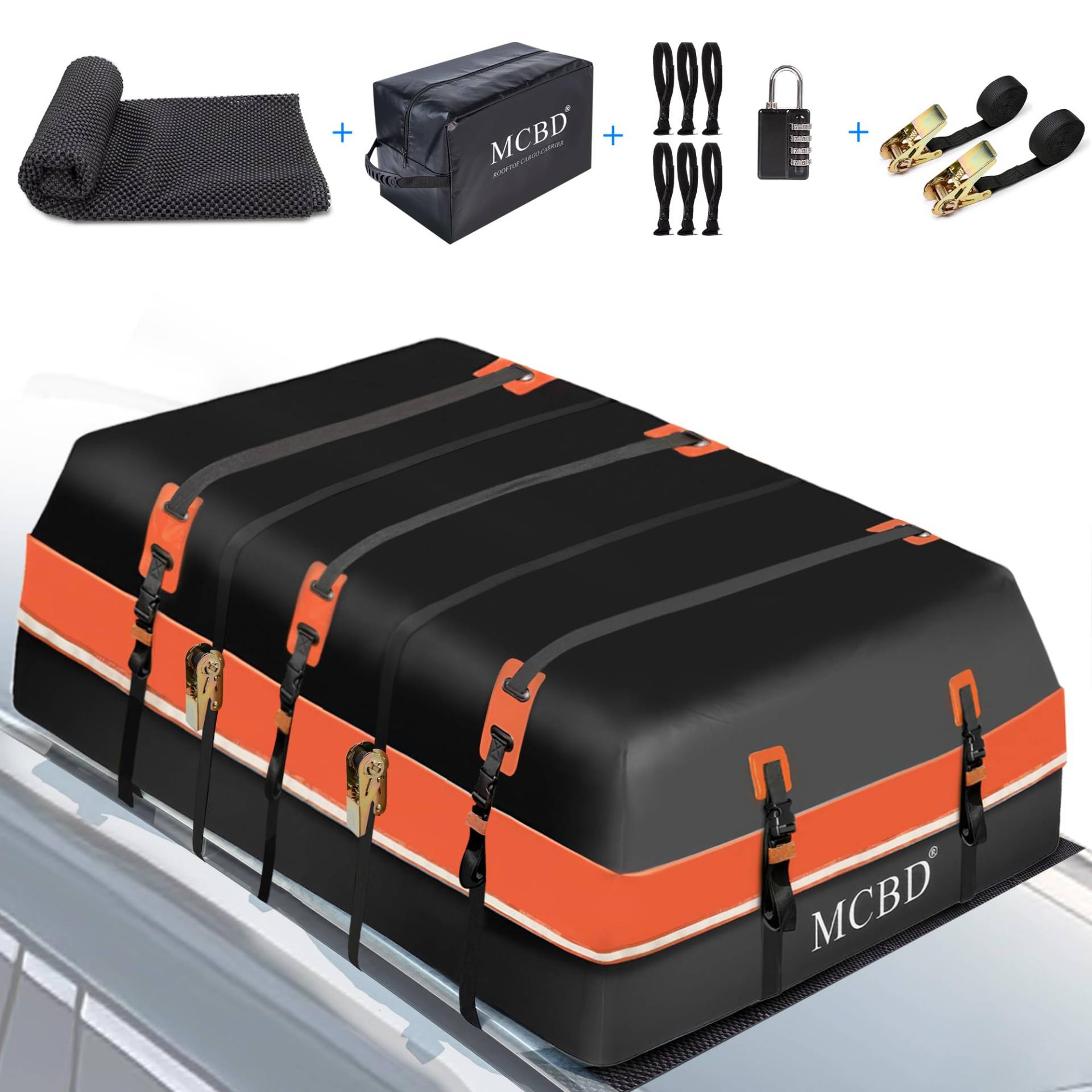 Auto Dachbox, 849L Große wasserdichte Weichschalen-Dachtasche mit 2 Ratschengurten 10 verstärkte Gurte 6 Türhaken für SUV Van mit/ohne Dachträger, Orange von MCBD