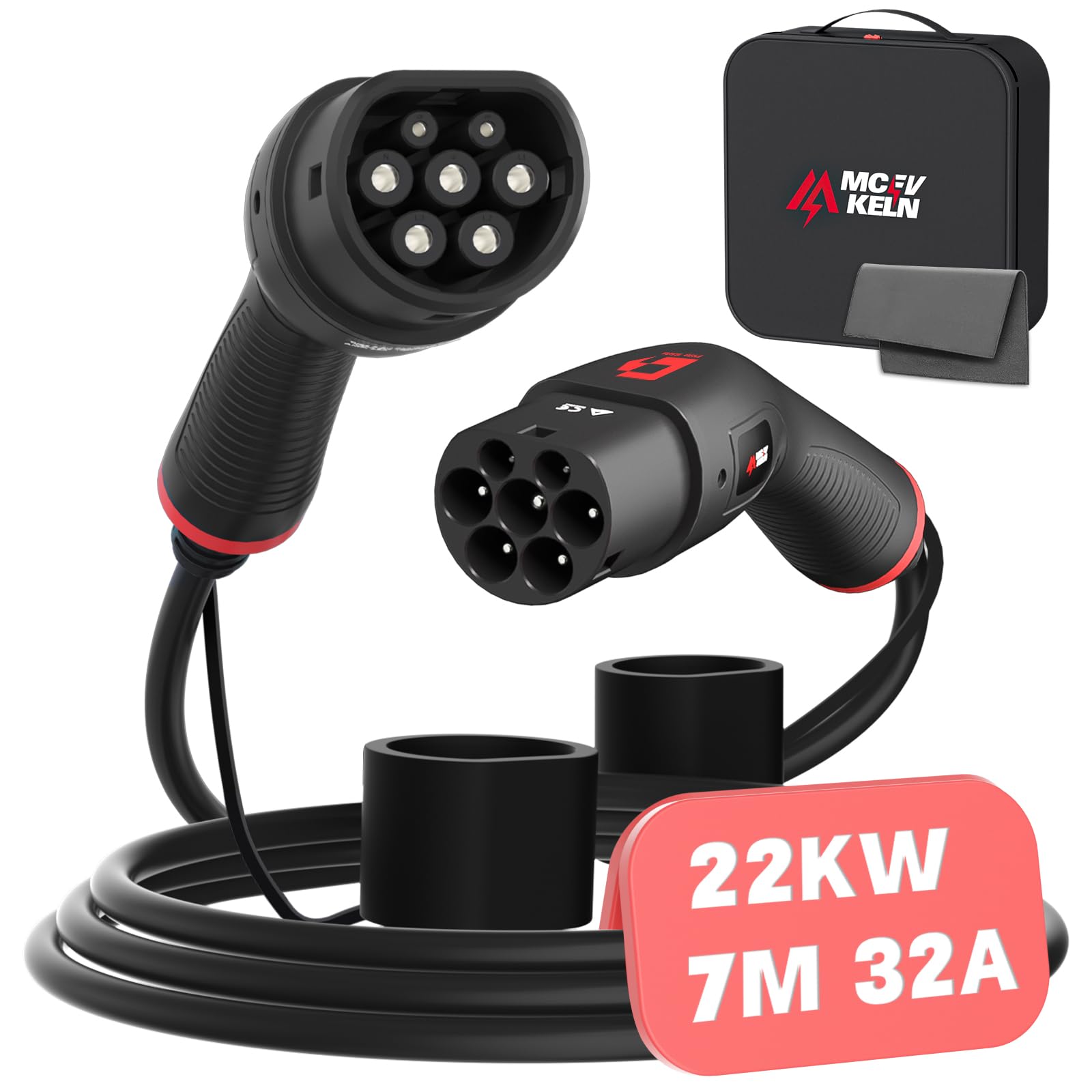 MCEVKELN Typ 2 Ladekabel 22kW für Elektroauto & Hybrid Typ 2 -Mode 3 Ladekabel E Auto - 32A| 3 Phasig| 7M Ladekabel Elektroauto Typ 2 EV Charger mit Handtasche, Schwarz von MCEVKELN