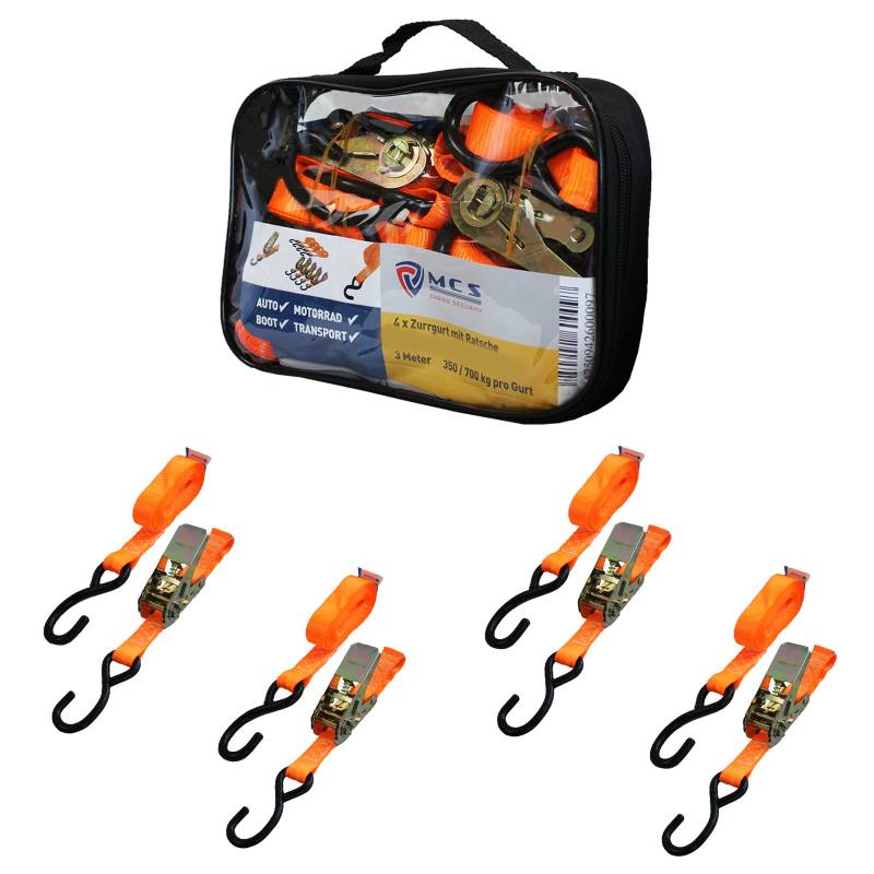 Spanngurte mit Ratsche und Haken 4er Set, 25mm breit 3m lang, bis 700kg, Spanngurt orange, Zurrgurte für Ladungssicherung, Spanngurte Haken, Gurtband, Spanngurte 3m von MCS Cargo Security