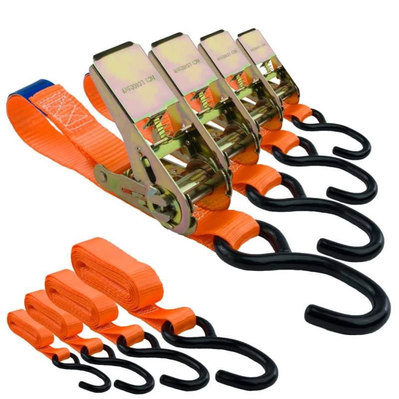 Spanngurte mit Ratsche und Haken 4er Set, 25mm breit 3m lang, bis 700kg, Spanngurt orange, Zurrgurte für Ladungssicherung, Spanngurte Haken, Gurtband, Spanngurte 3m von MCS Cargo Security