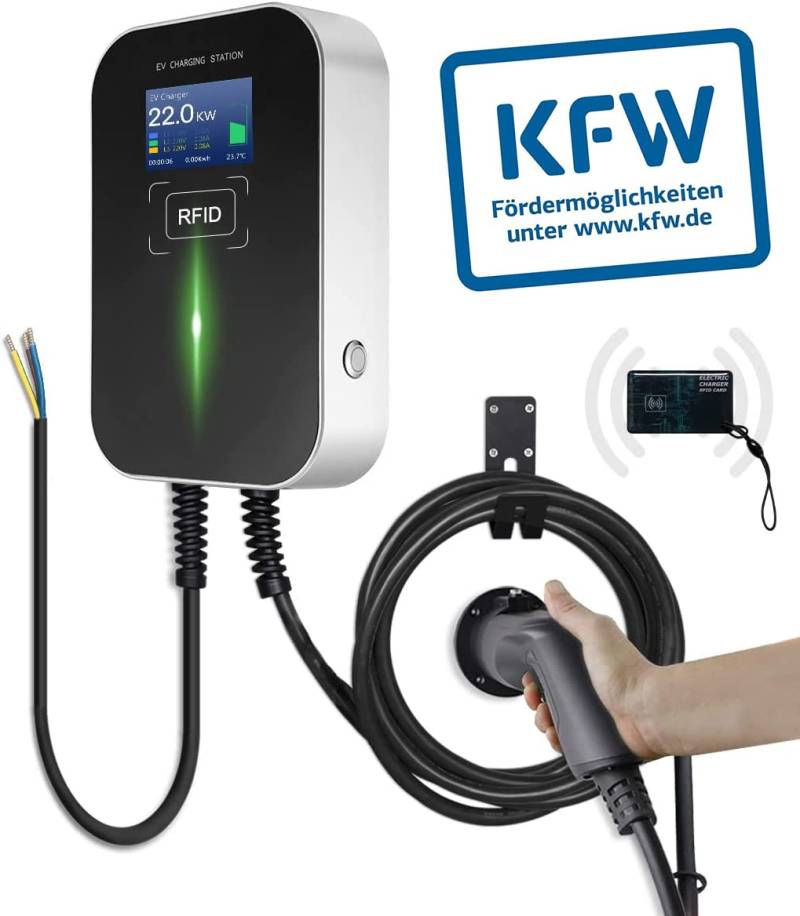 MDDE Ev Ladegerät 22 kW- KfW förderfähig wallbox,32A Dreiphasig Schnellladung Typ 2 Ladekabel (6m) IEC 62196-2 für Hybrid- und Elektrofahrzeugen RFID Karten, (22KW Type 2 Stecker mit RFID) von MDDE